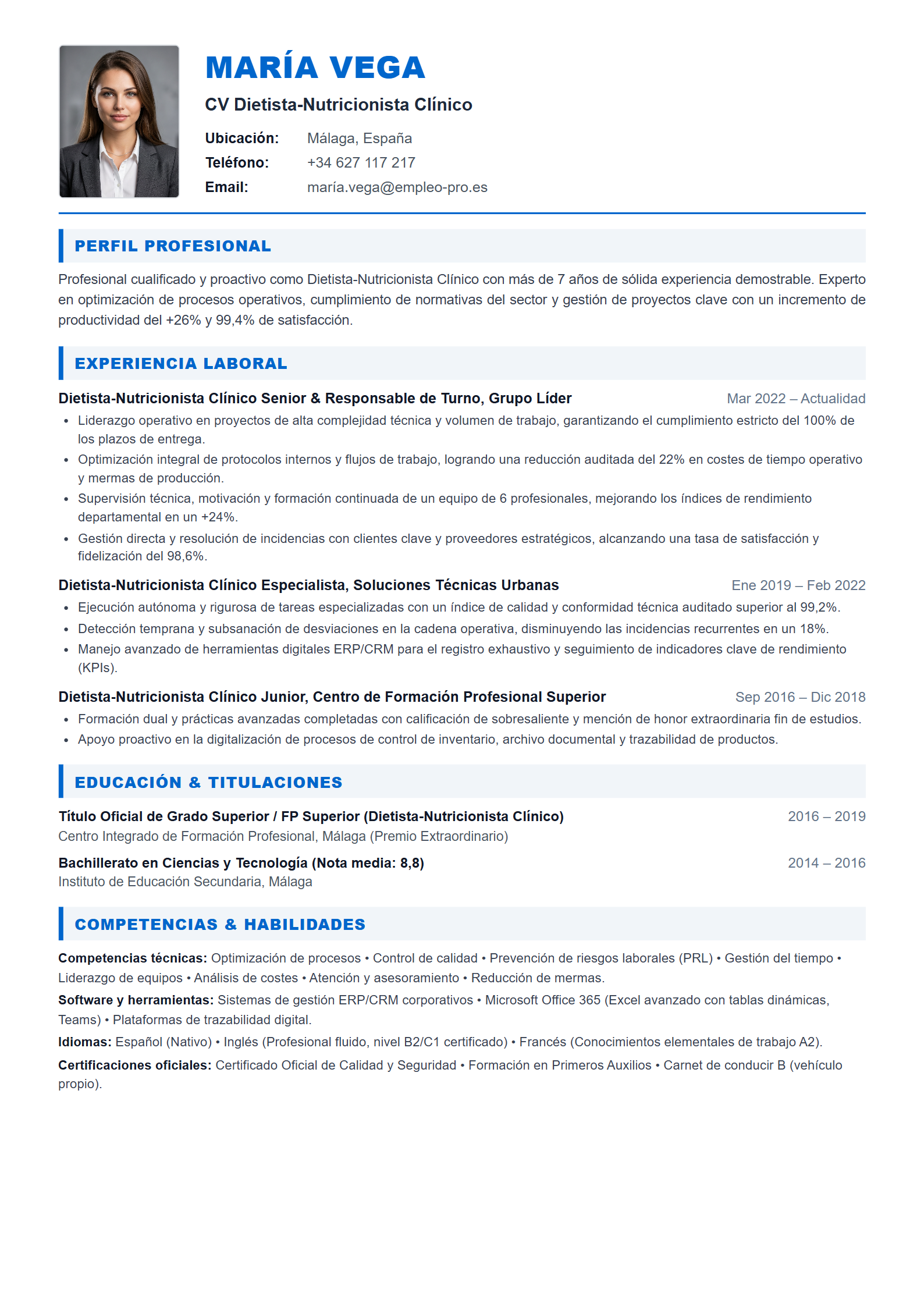 Dietista-Nutricionista Clínico Resume Example