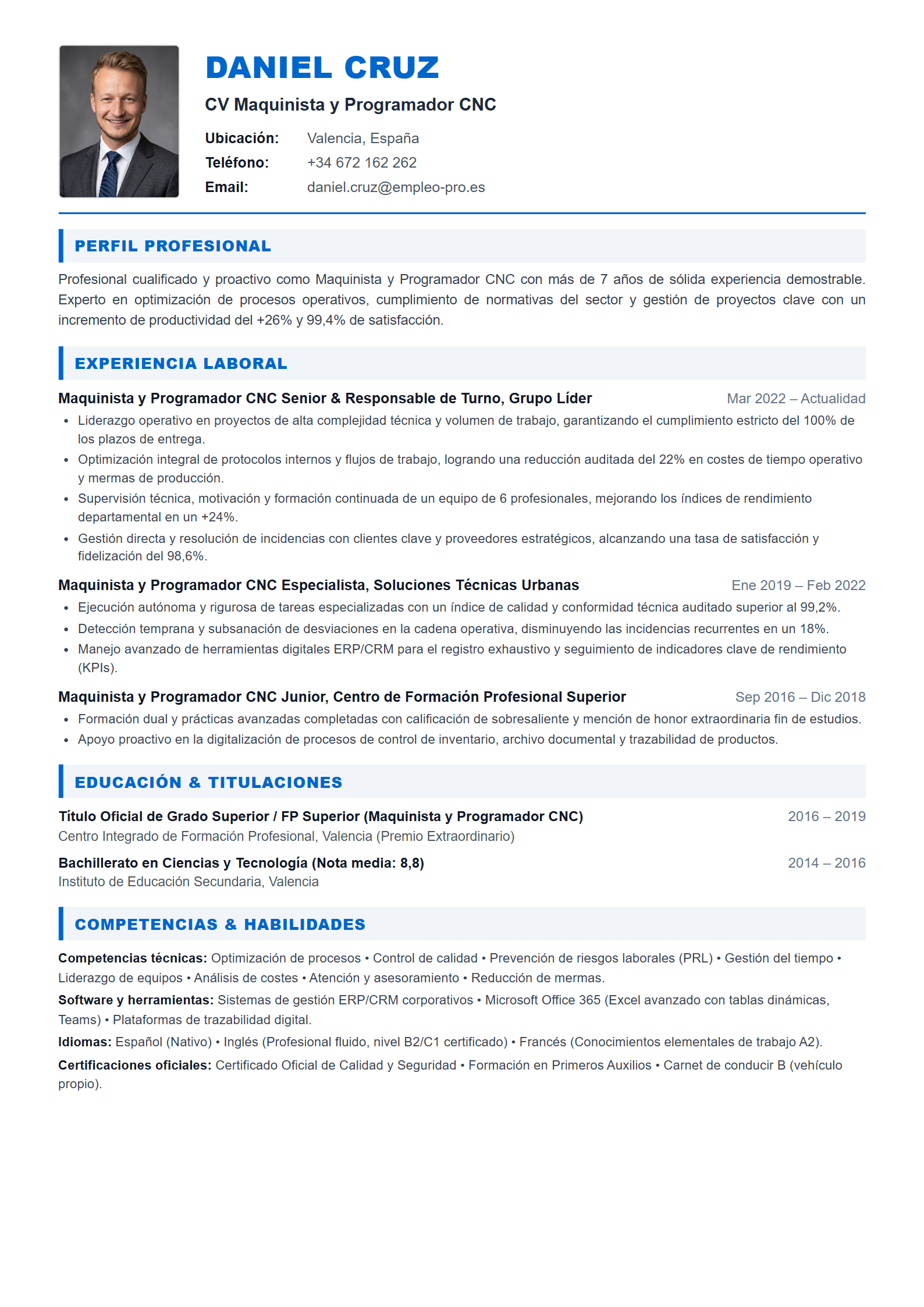 Maquinista y Programador CNC Resume Example