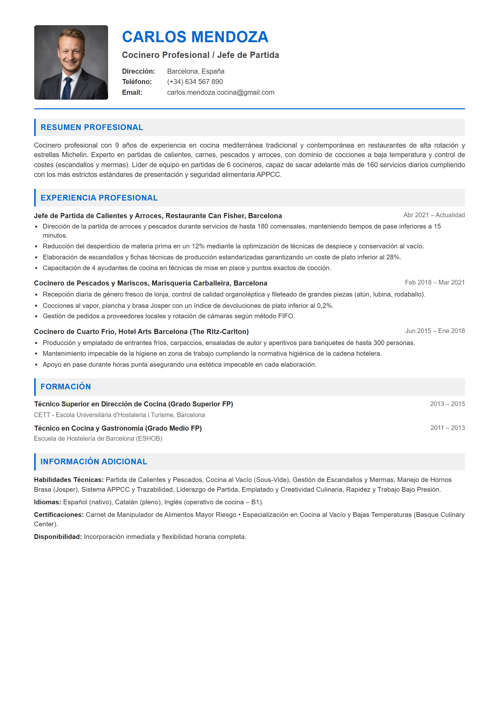 Ejemplo de CV Cocinero / Cocinera