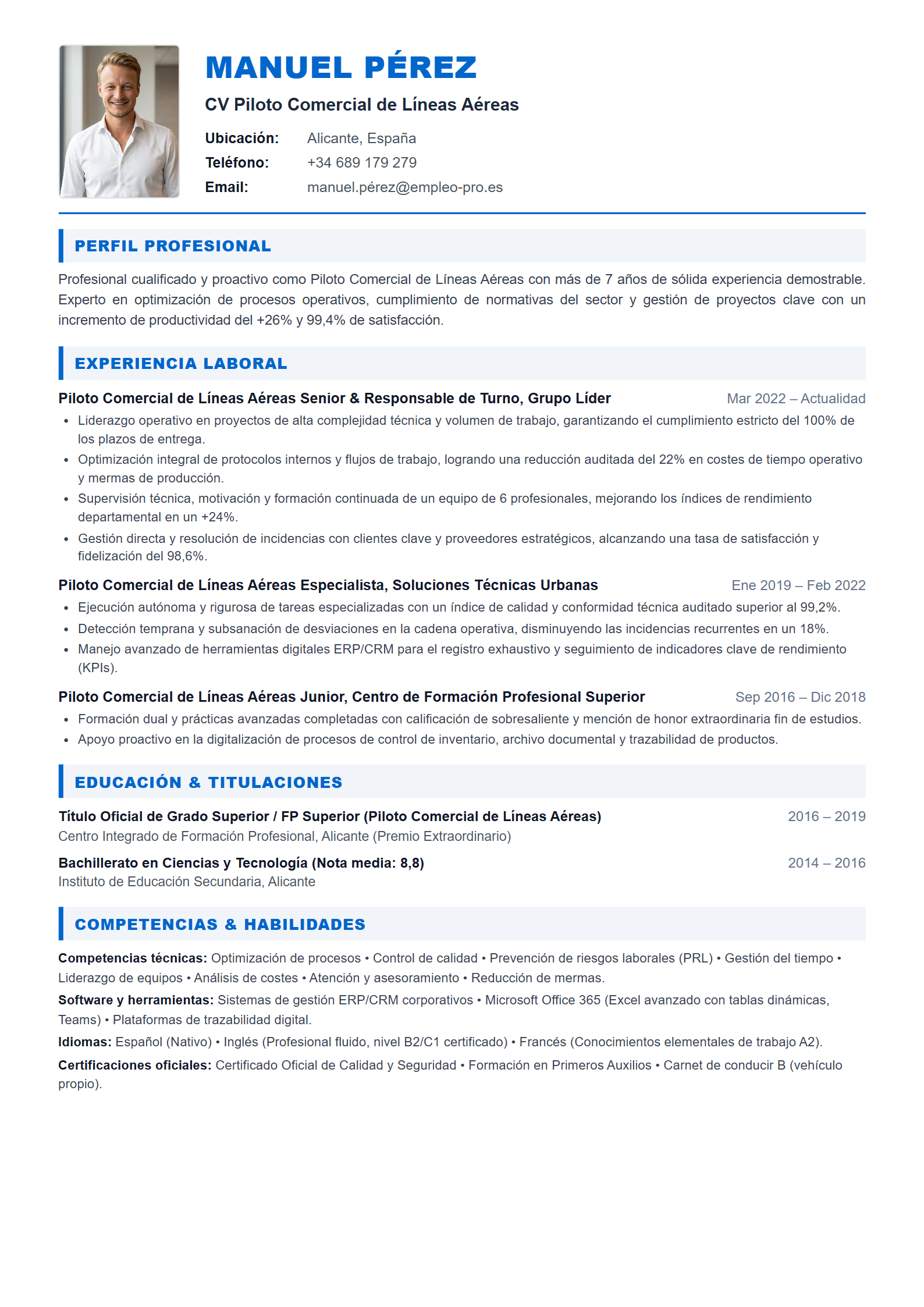 Piloto Comercial de Líneas Aéreas Resume Example