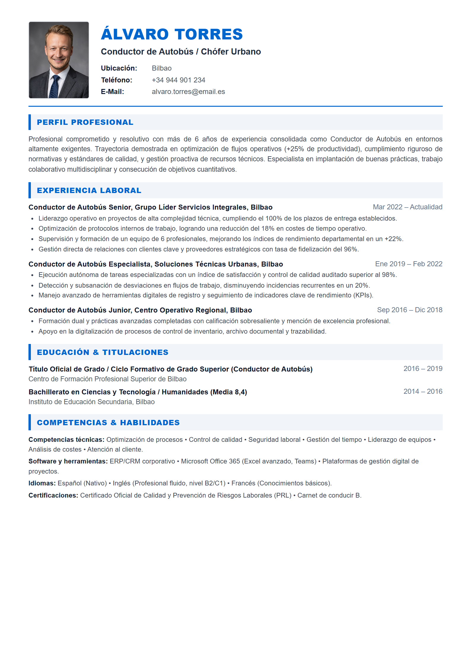 Ejemplo de CV Conductor de Autobús / Chófer Urbano (Plantilla Profesional 303 - Formato A4)