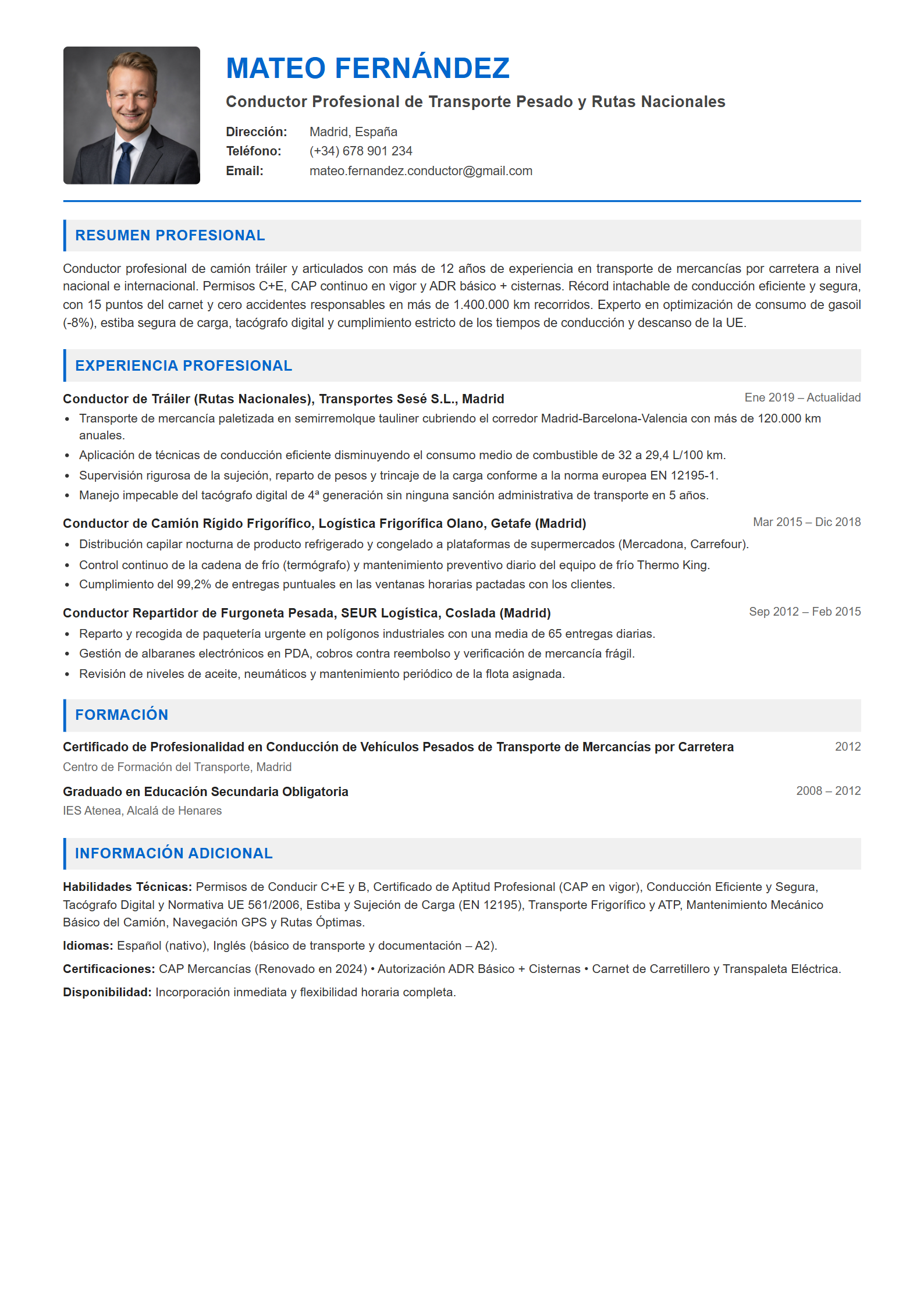 Ejemplo de CV Conductor / Chófer
