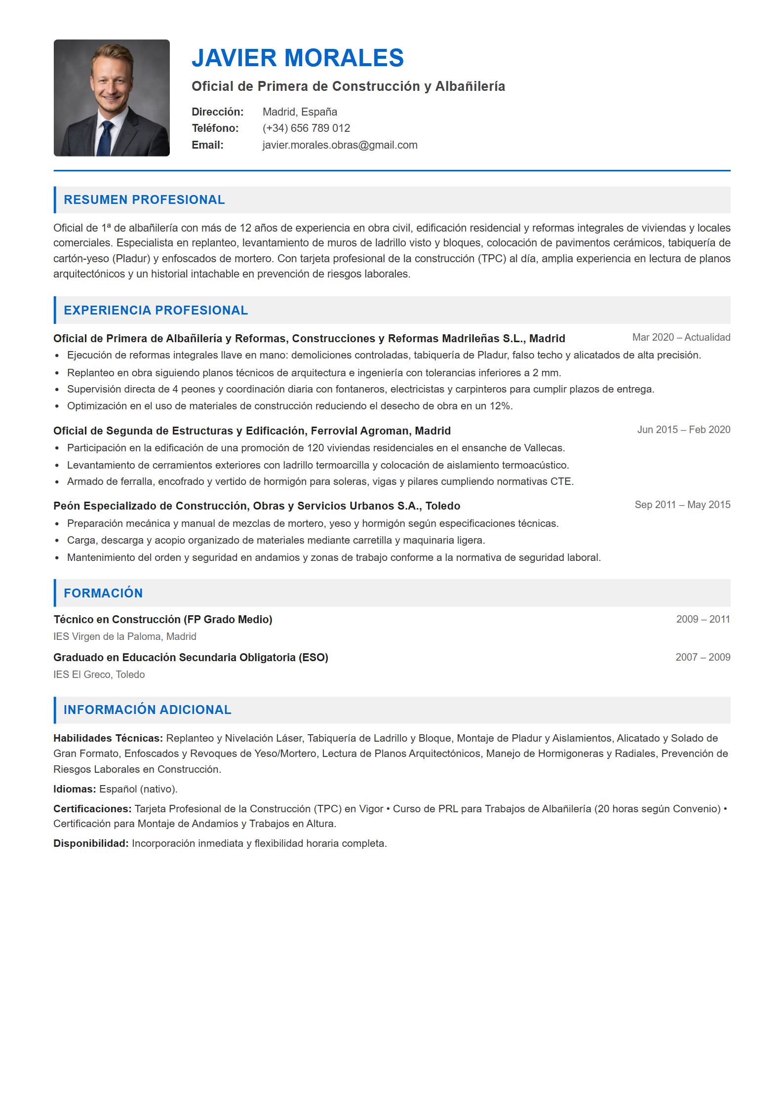 Ejemplo de CV Albañil / Operario de Construcción