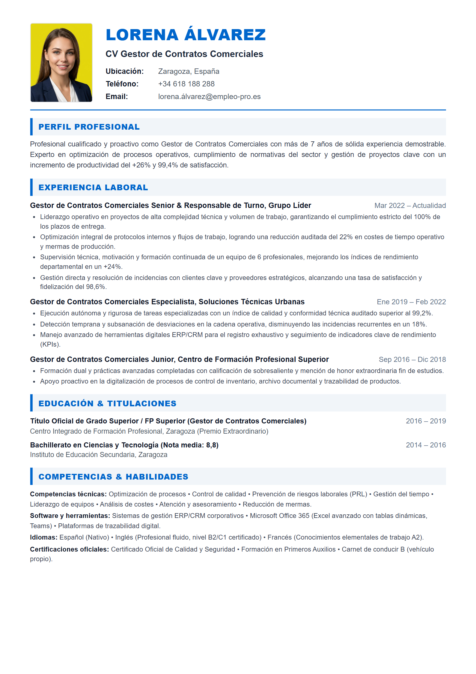 Gestor de Contratos Comerciales Resume Example