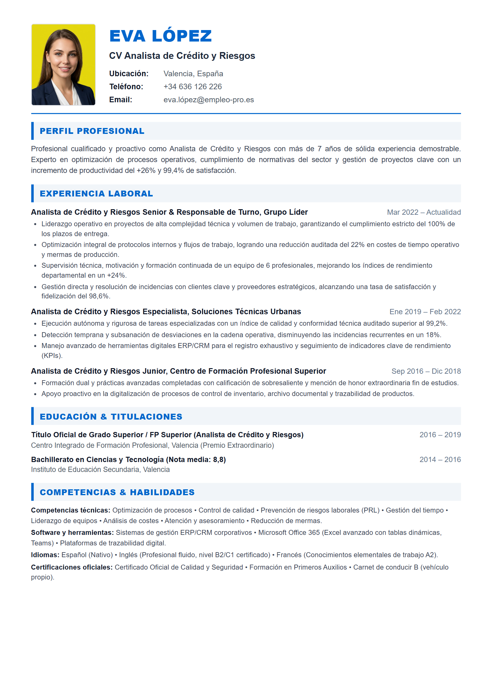 Analista de Crédito y Riesgos Resume Example