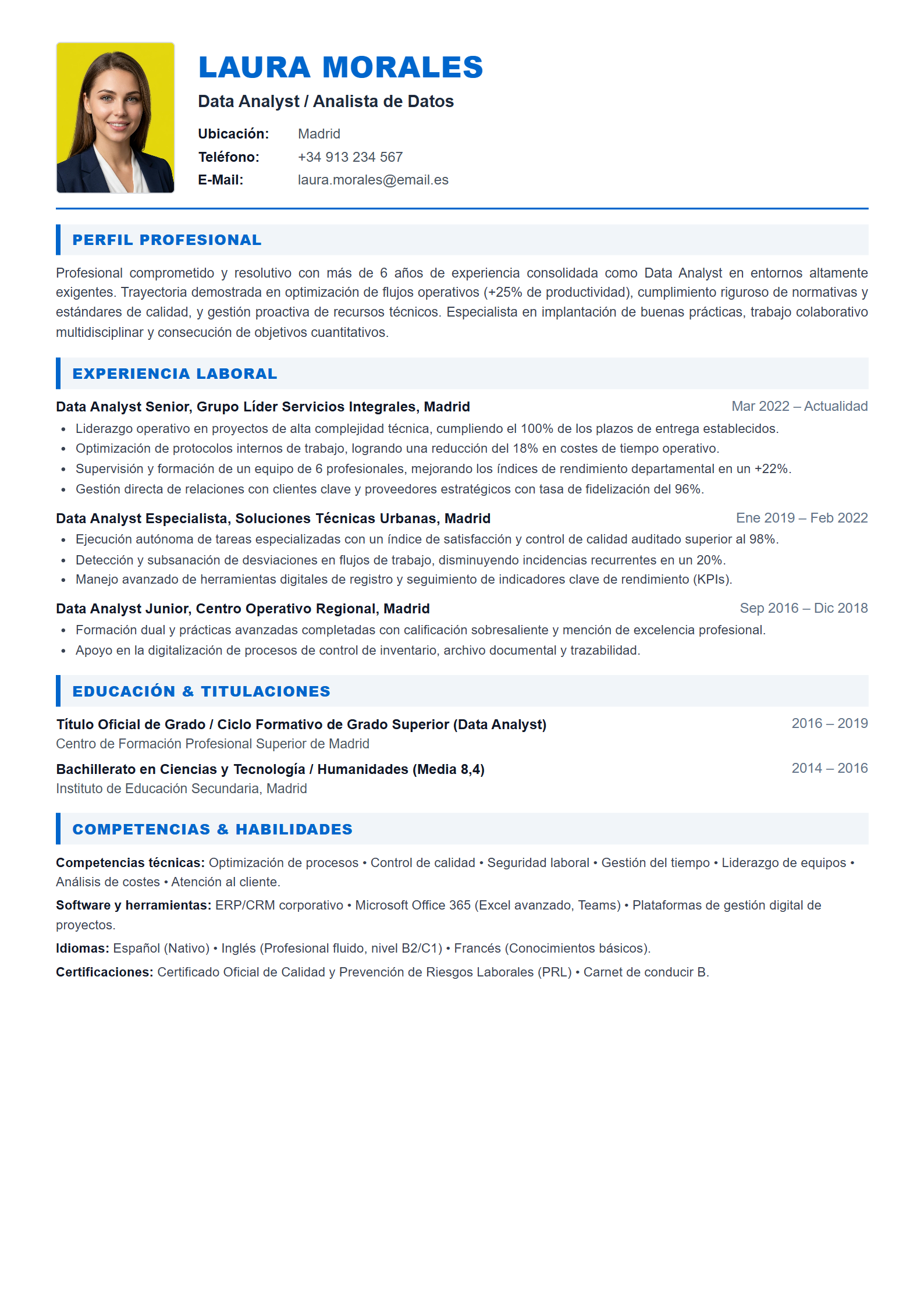 Ejemplo de CV Data Analyst / Analista de Datos (Plantilla Profesional 303 - Formato A4)