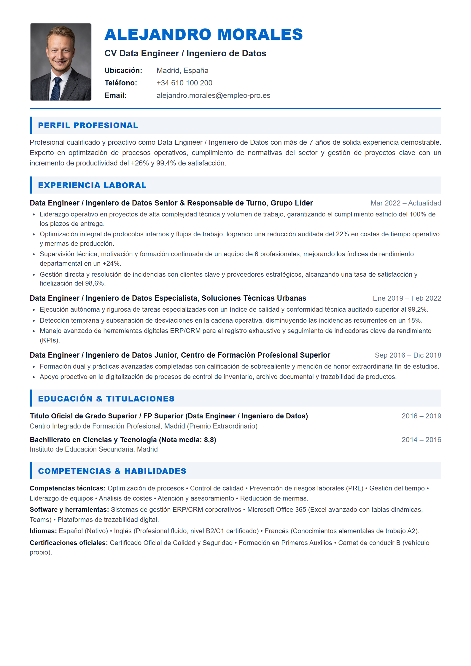 Data Engineer / Ingeniero de Datos Resume Example