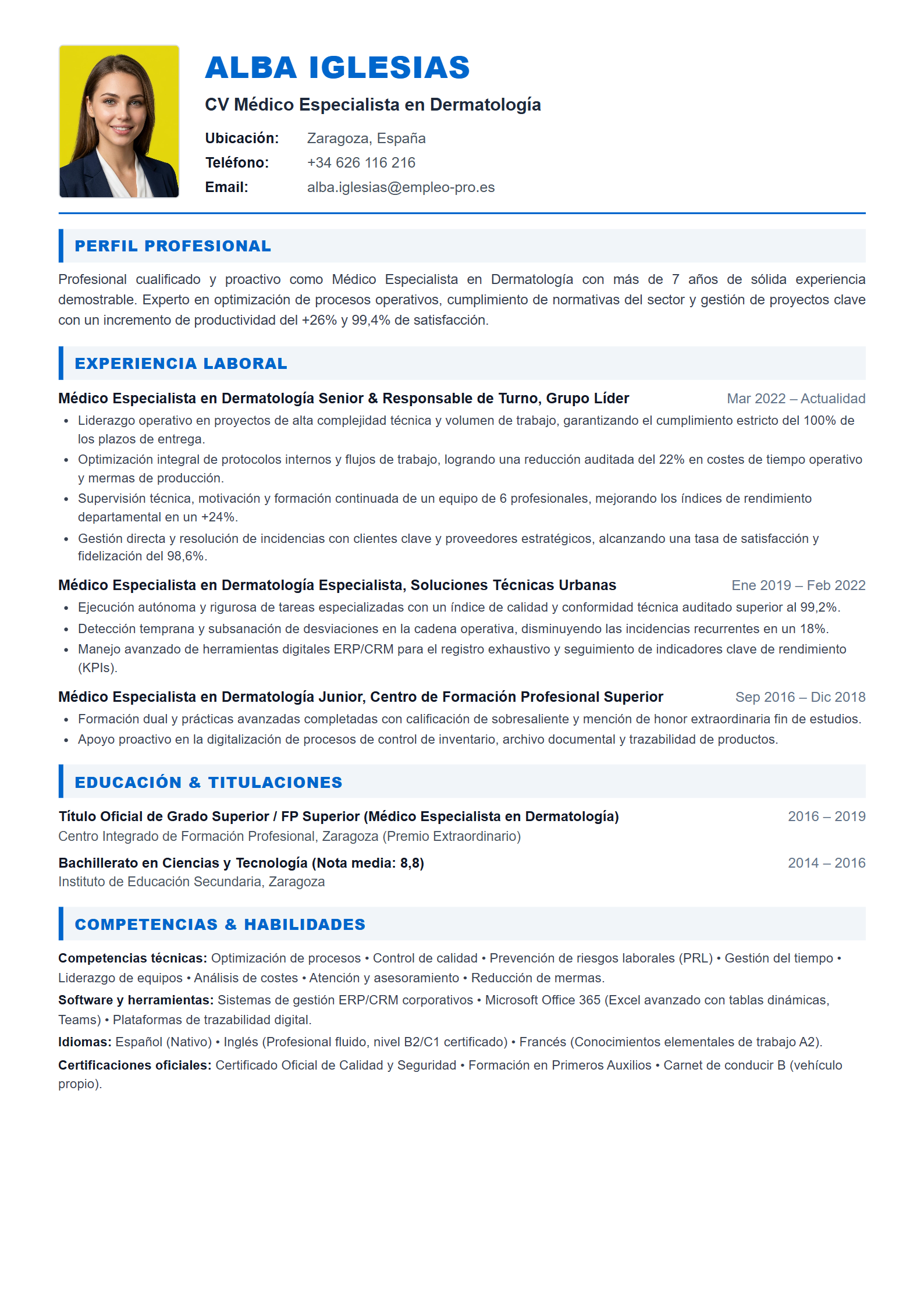 Médico Especialista en Dermatología Resume Example