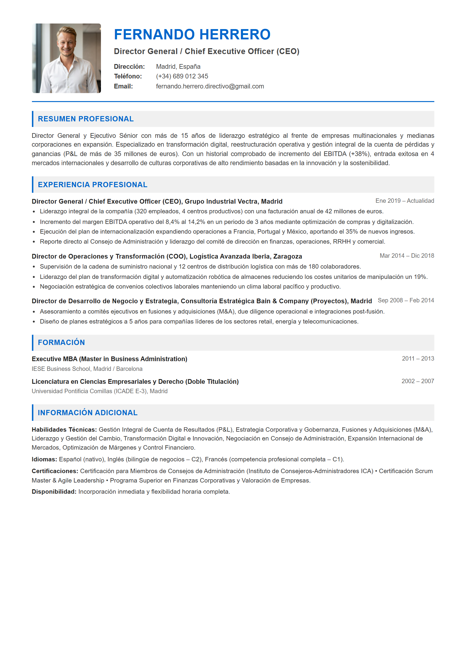 Ejemplo de CV Directivo / Director General
