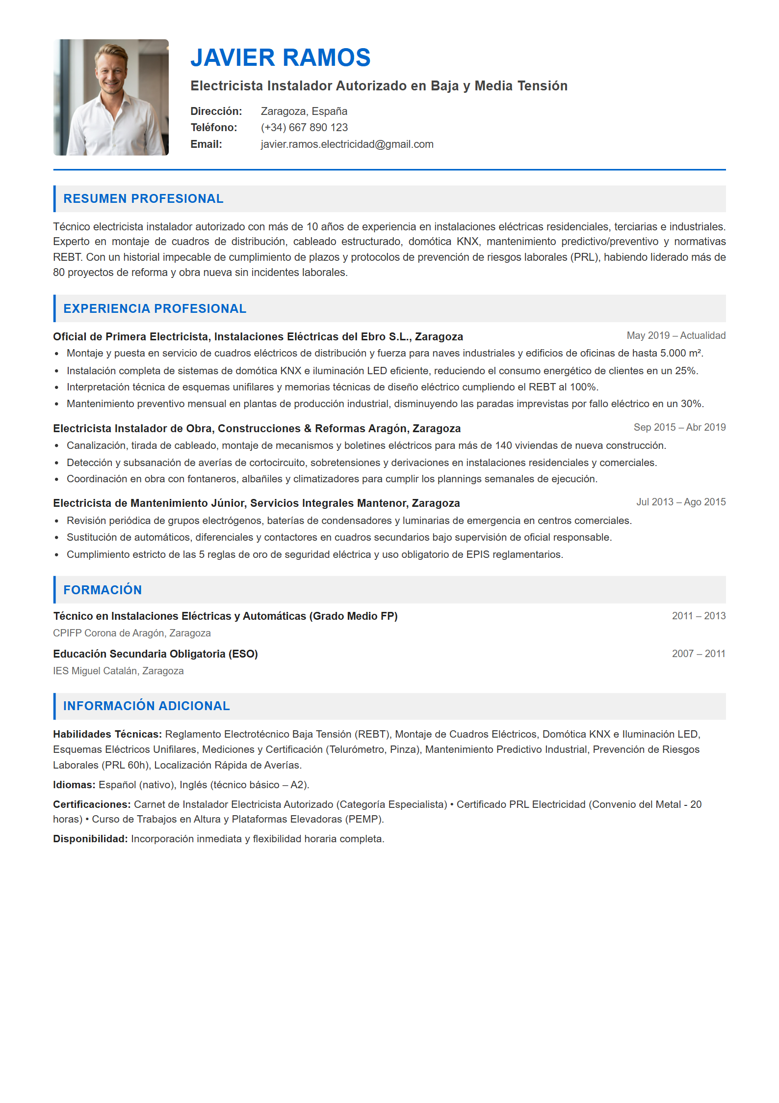 Ejemplo de CV Electricista