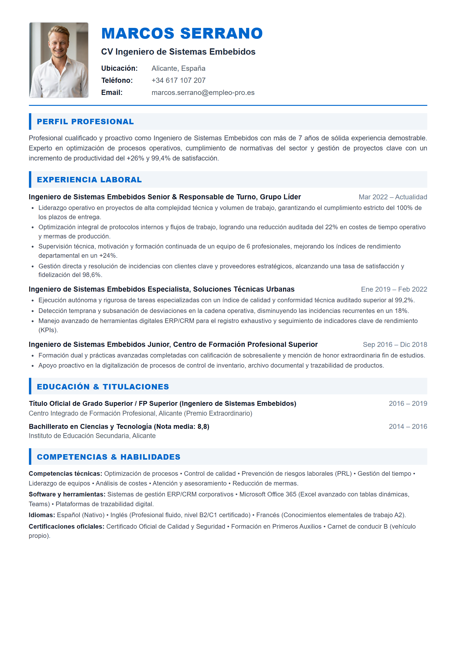 Ingeniero de Sistemas Embebidos Resume Example