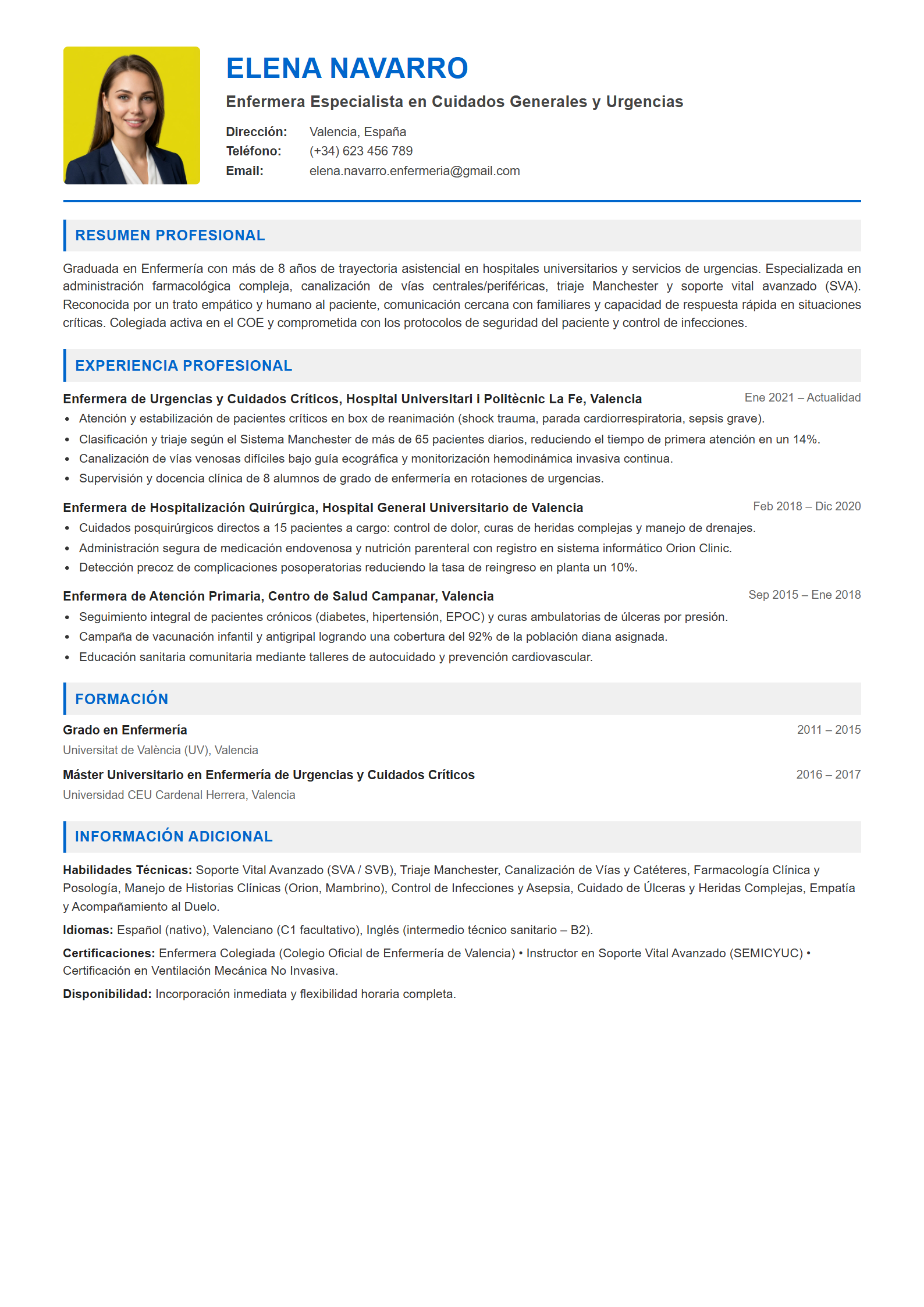Ejemplo de CV Enfermero / Enfermera