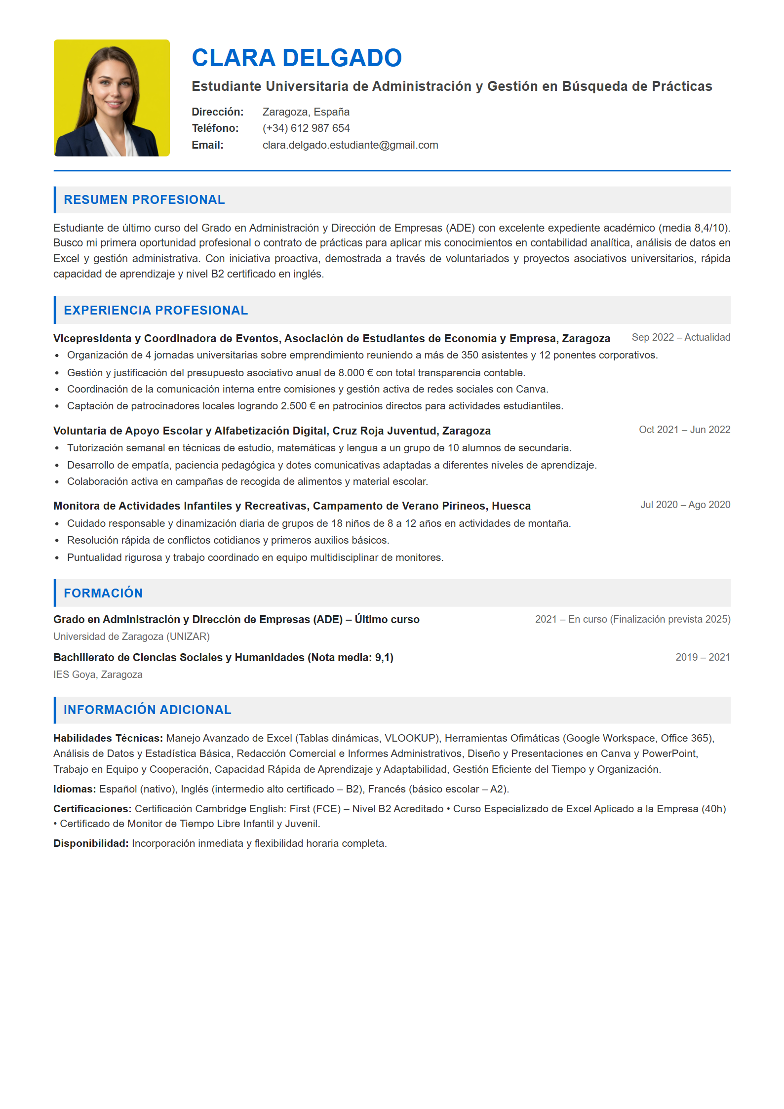 Ejemplo de CV Estudiante Sin Experiencia