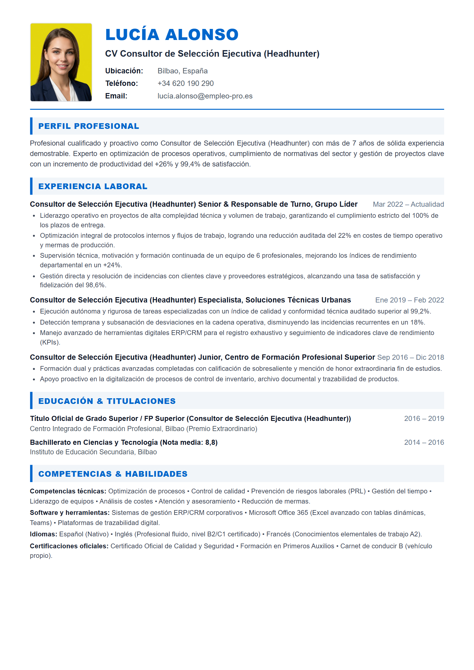 Consultor de Selección Ejecutiva (Headhunter) Resume Example