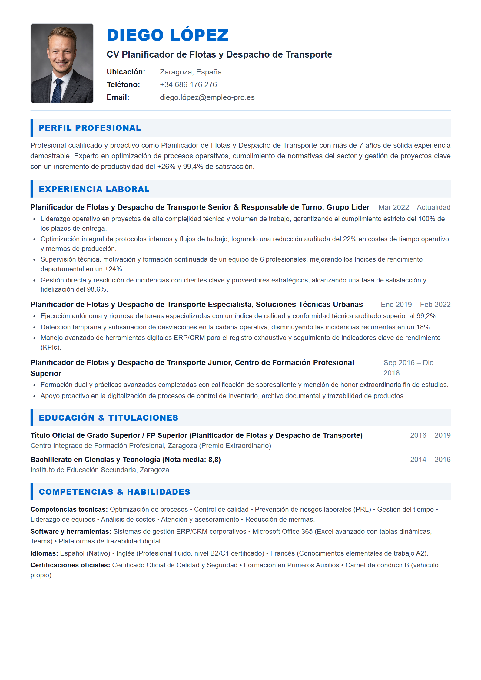 Planificador de Flotas y Despacho de Transporte Resume Example