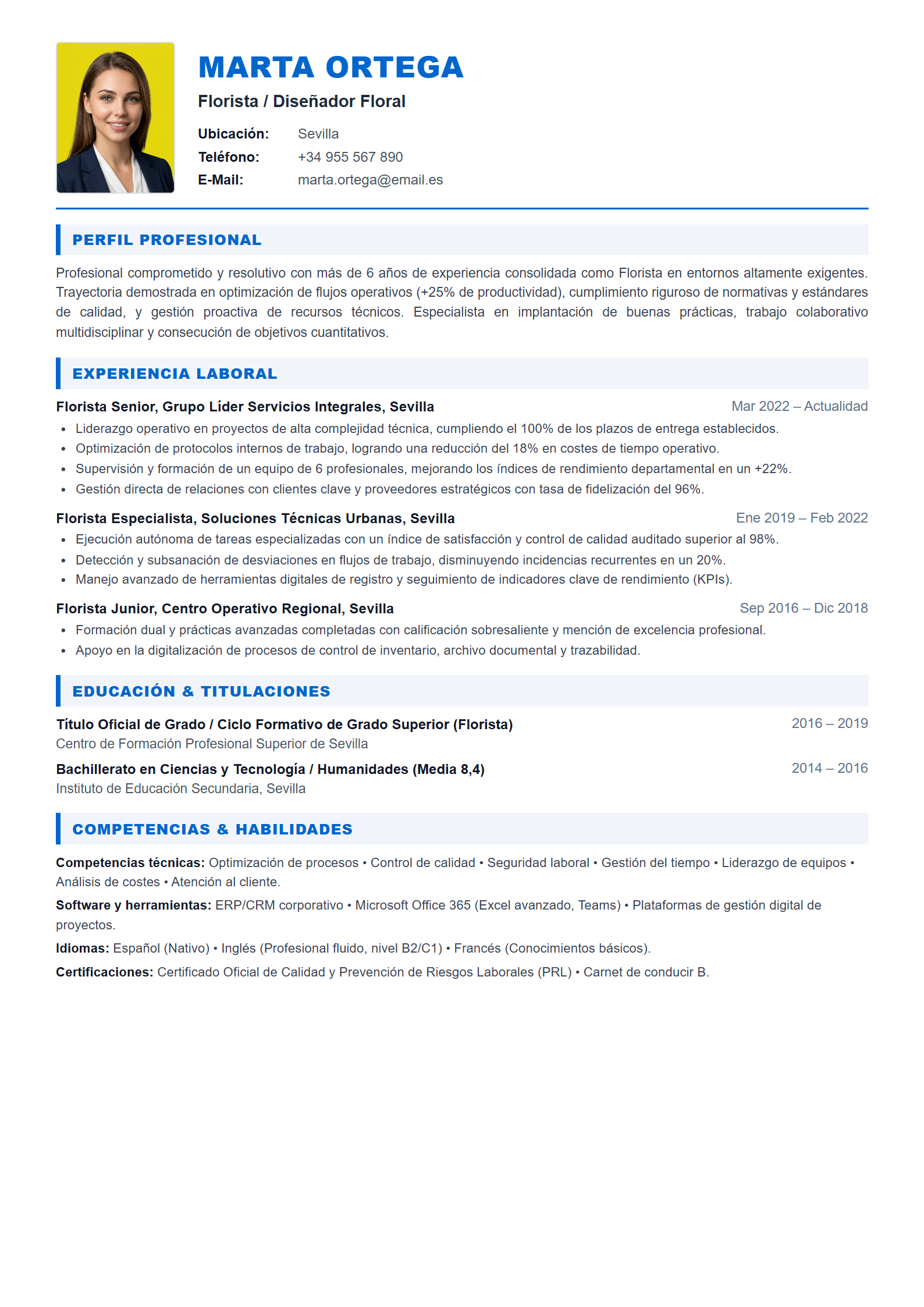 Ejemplo de CV Florista / Diseñador Floral (Plantilla Profesional 303 - Formato A4)