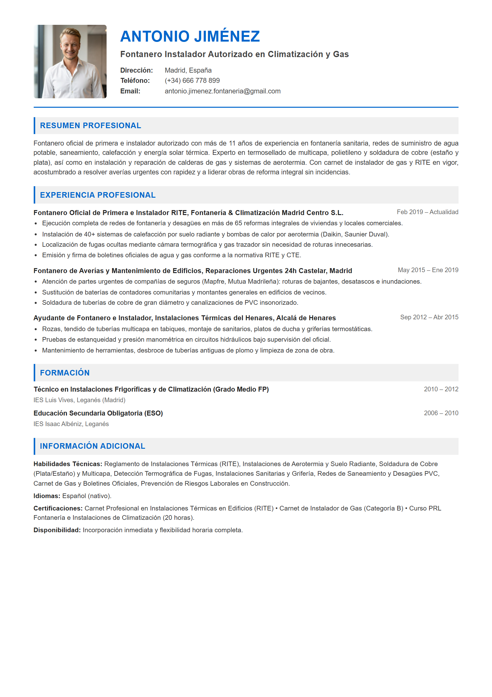 Ejemplo de CV Fontanero / Fontanera