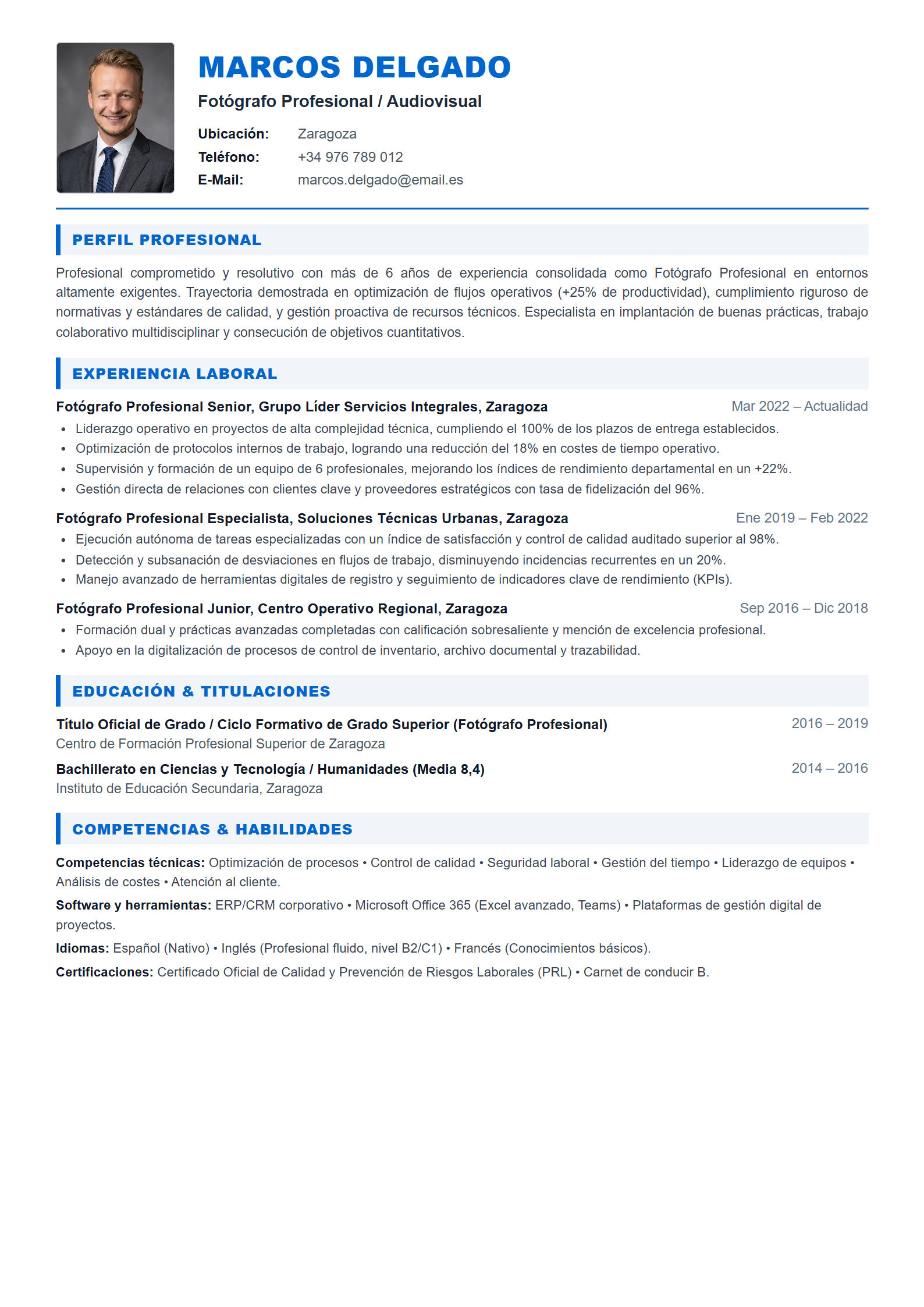 Ejemplo de CV Fotógrafo Profesional / Audiovisual