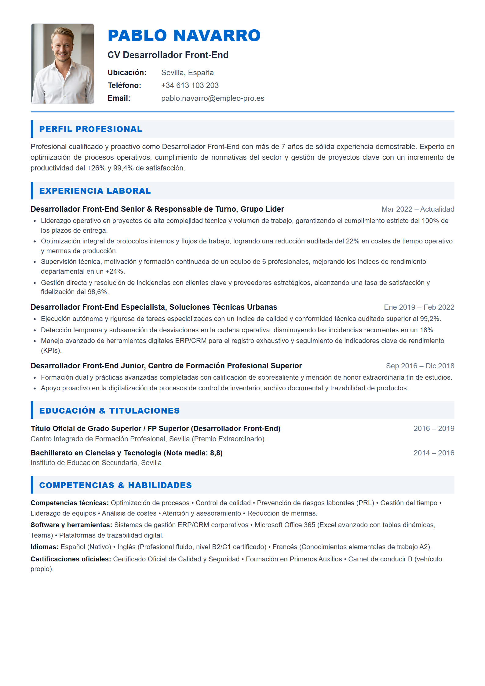 Desarrollador Front-End Resume Example