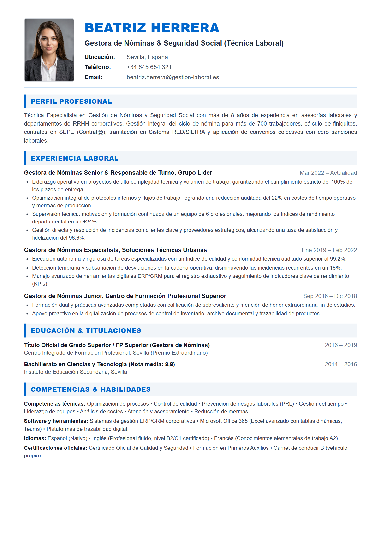 Modelo de Curriculum Gestora de Nóminas