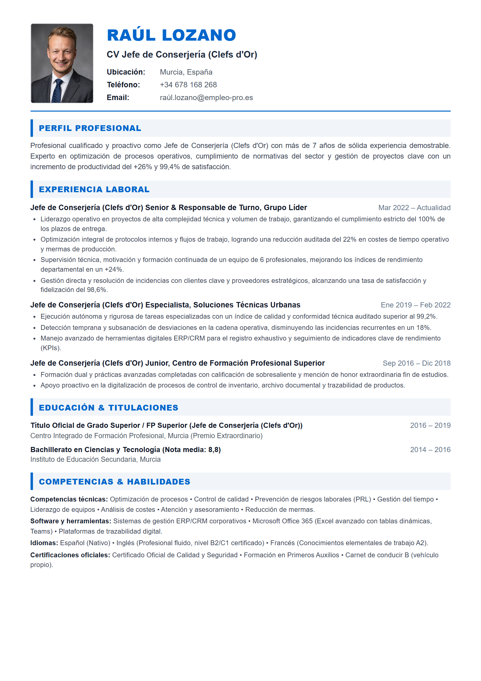 Jefe de Conserjería (Clefs d'Or) Resume Example