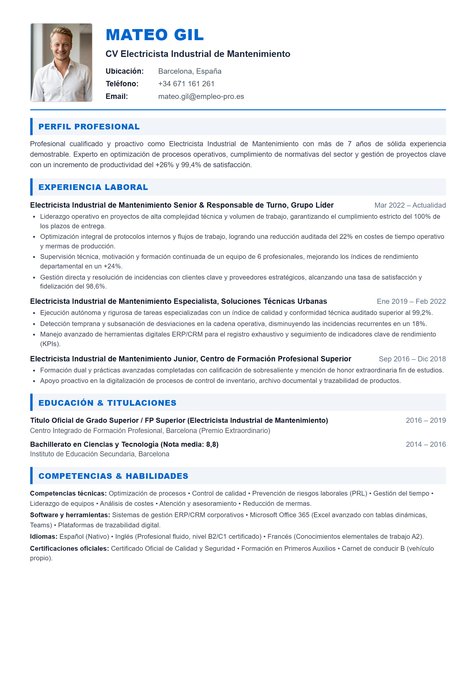 Electricista Industrial de Mantenimiento Resume Example