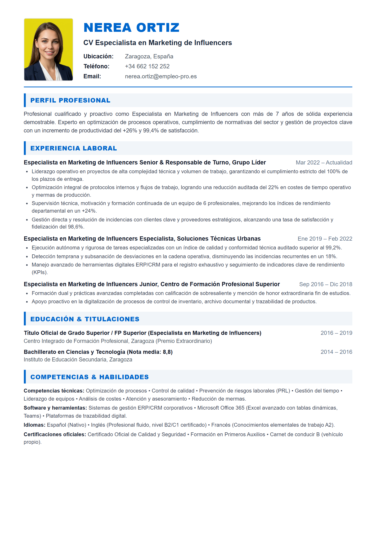 Especialista en Marketing de Influencers Resume Example
