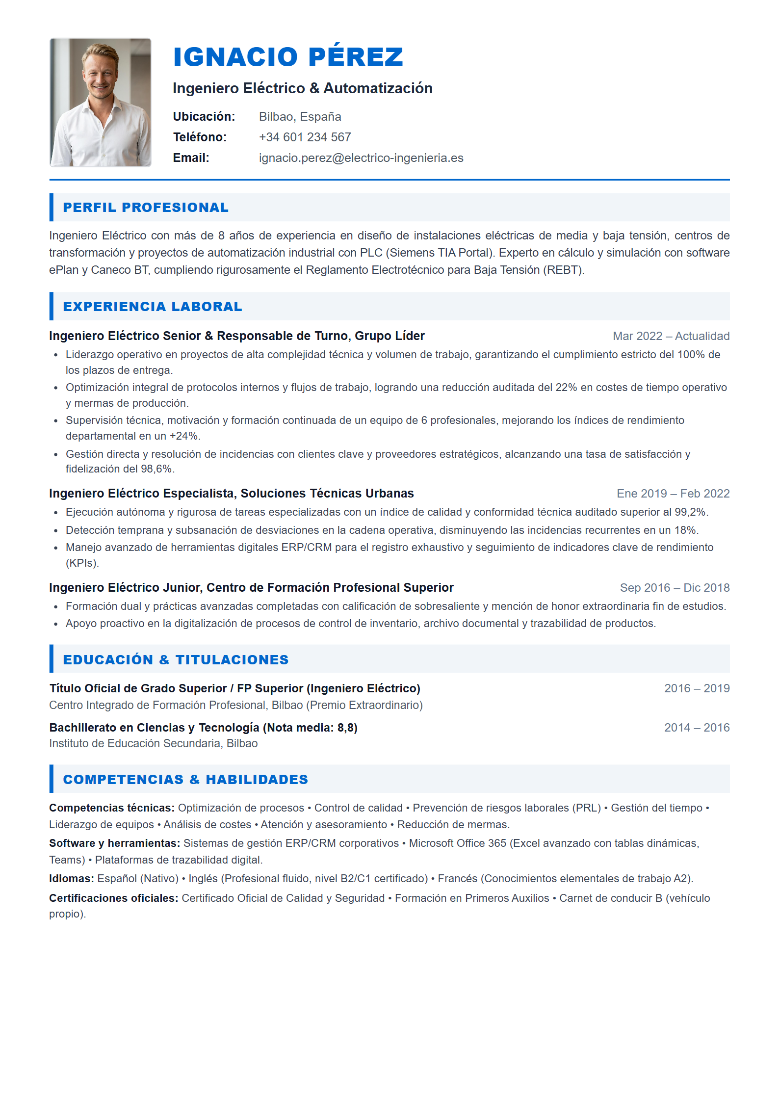 Modelo de Curriculum Ingeniero Eléctrico