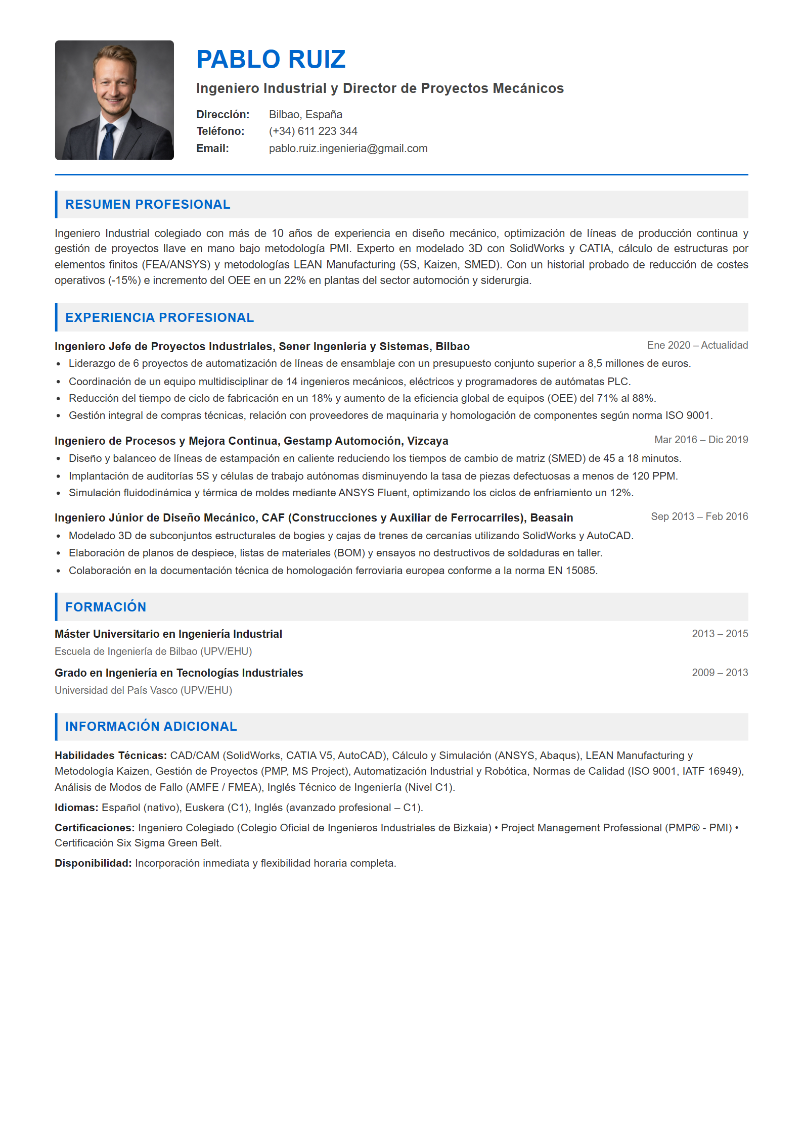Ejemplo de CV Ingeniero