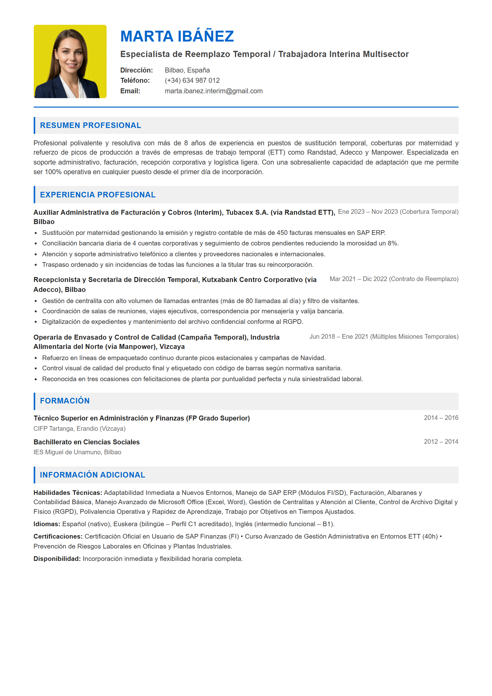 Ejemplo de CV Trabajador Interino / Personal Temporal
