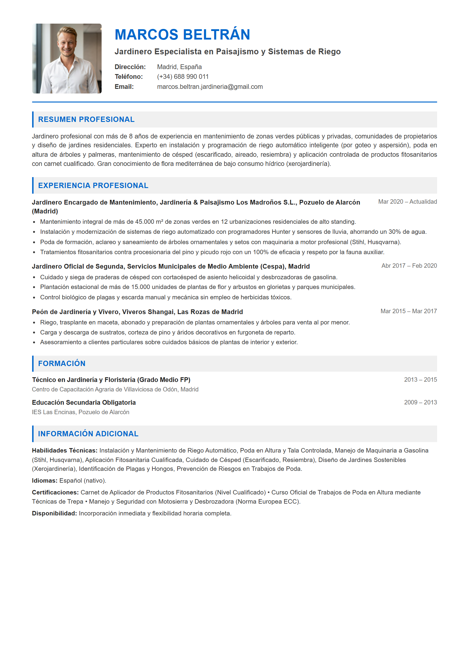 Ejemplo de CV Jardinero / Paisajista