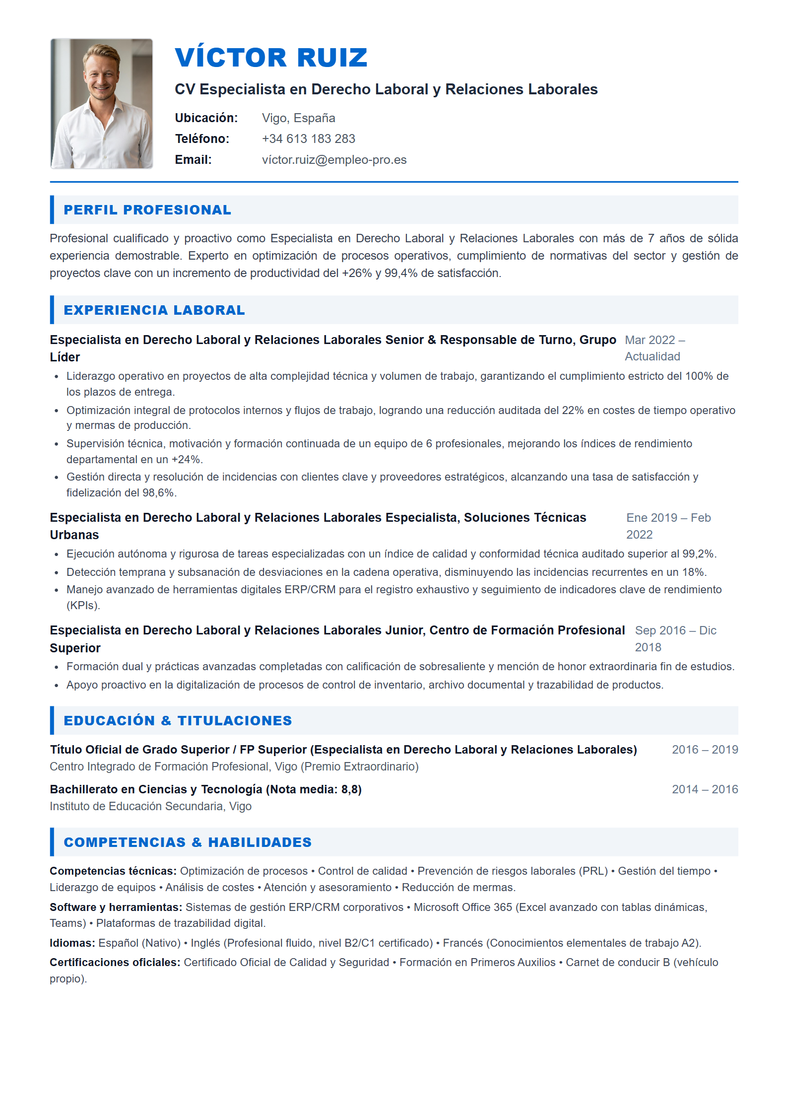 Especialista en Derecho Laboral y Relaciones Laborales Resume Example