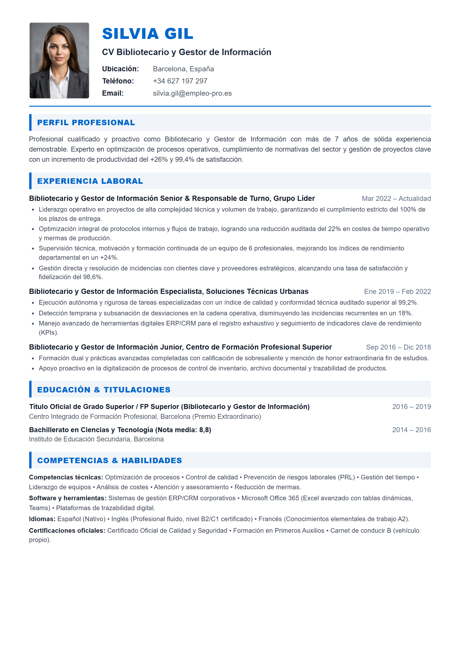 Bibliotecario y Gestor de Información Resume Example