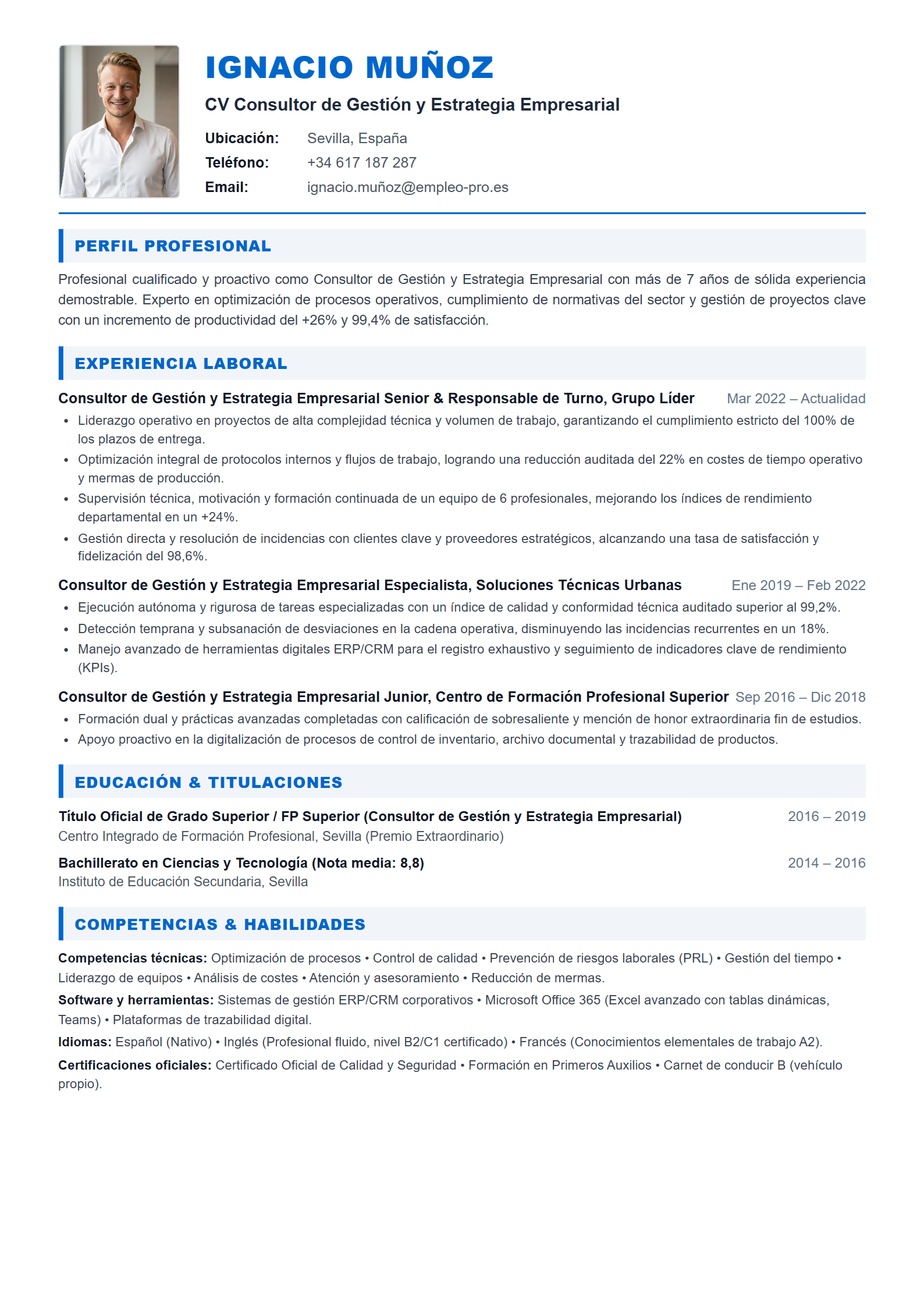 Consultor de Gestión y Estrategia Empresarial Resume Example