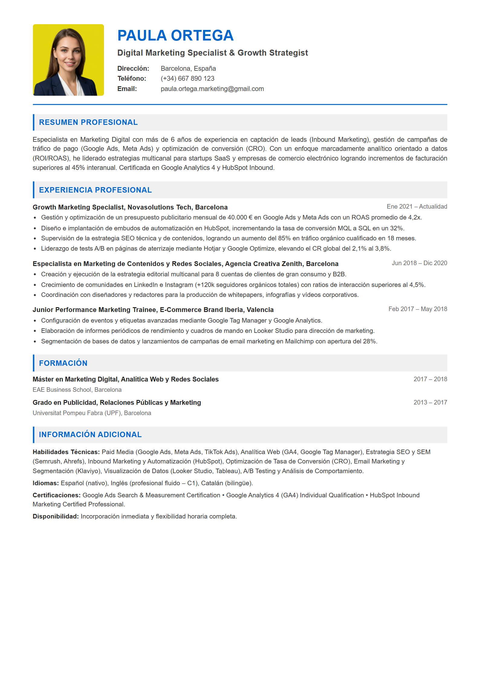 Ejemplo de CV Especialista en Marketing