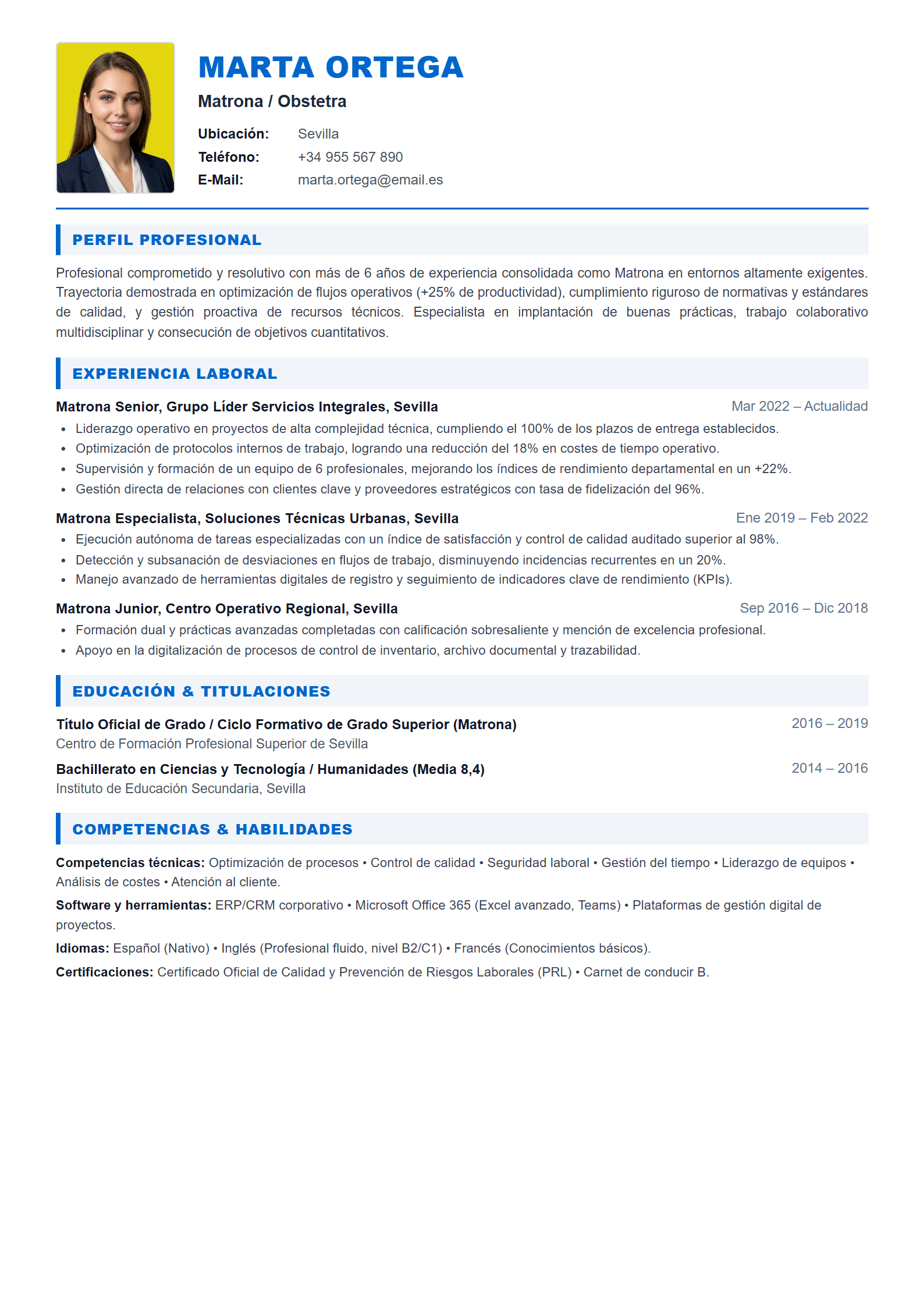 Ejemplo de CV Matrona / Obstetra (Plantilla Profesional 303 - Formato A4)