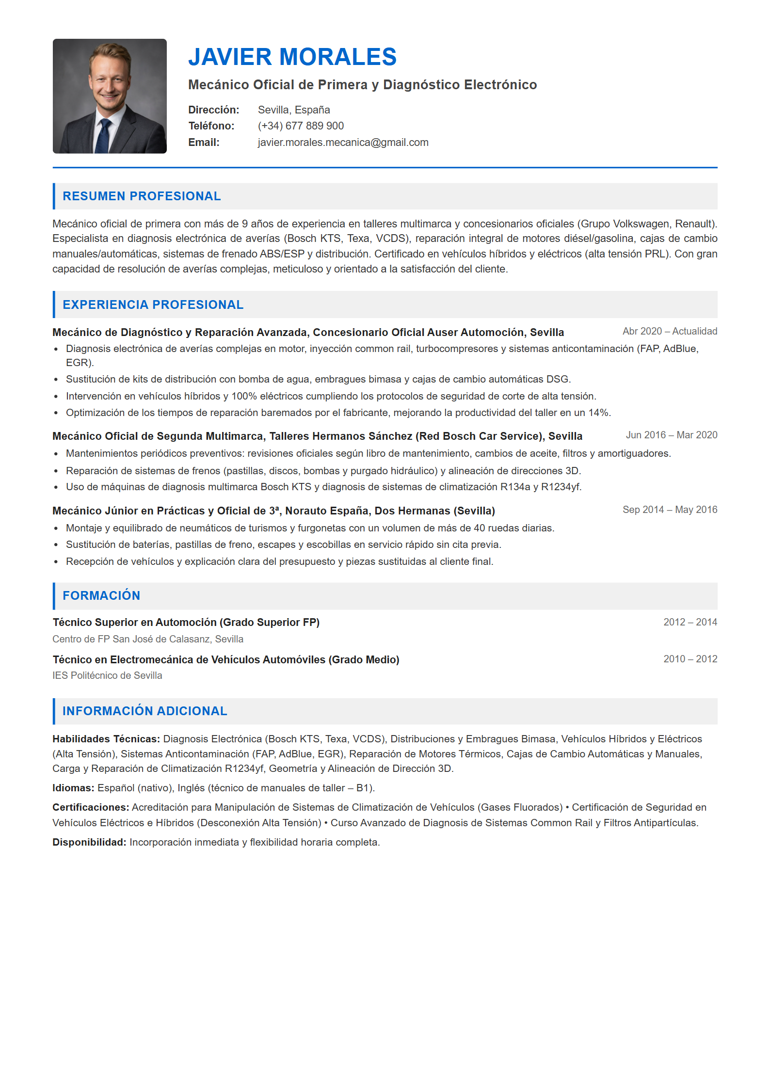 Ejemplo de CV Mecánico de Automoción