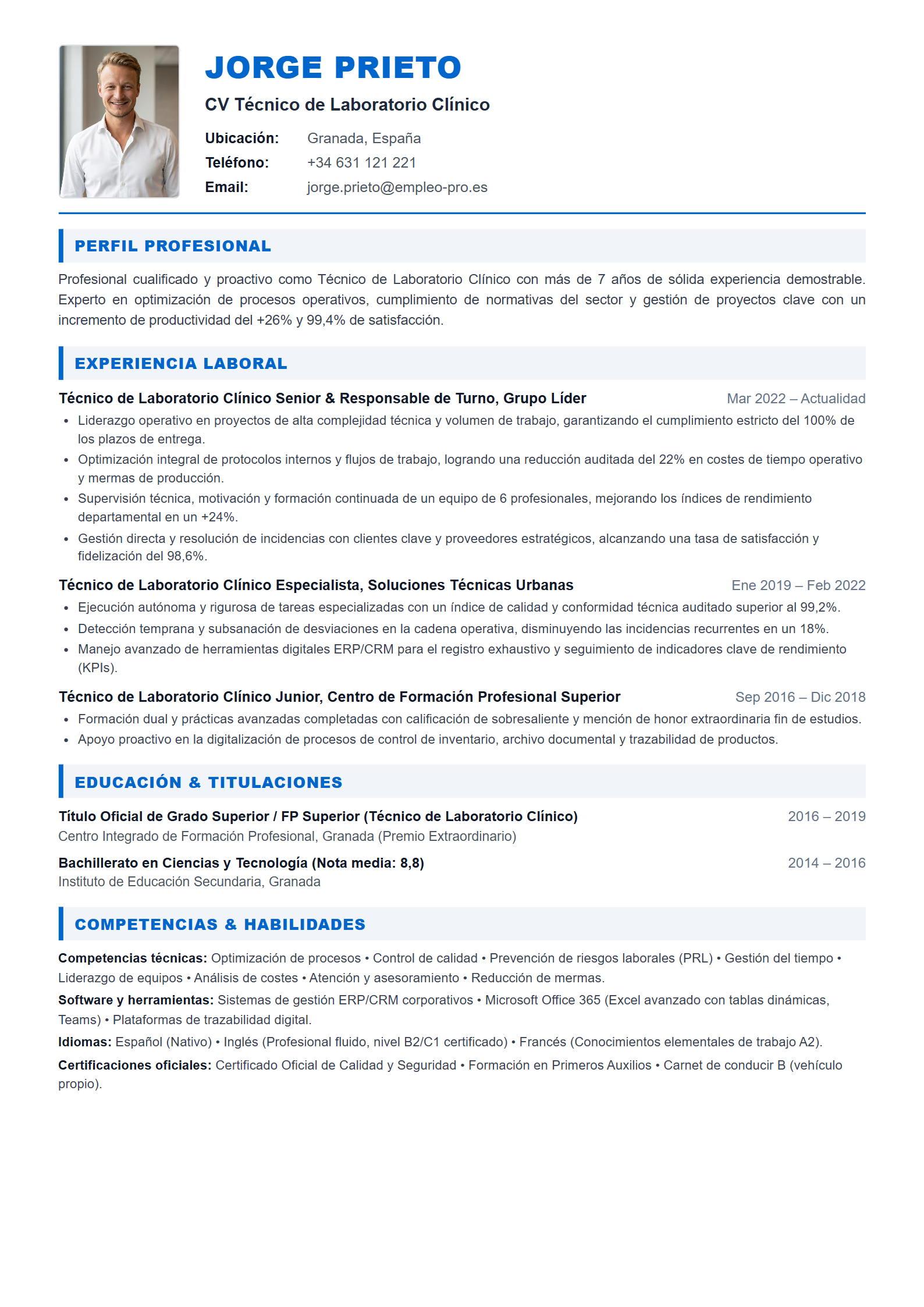 Técnico de Laboratorio Clínico Resume Example