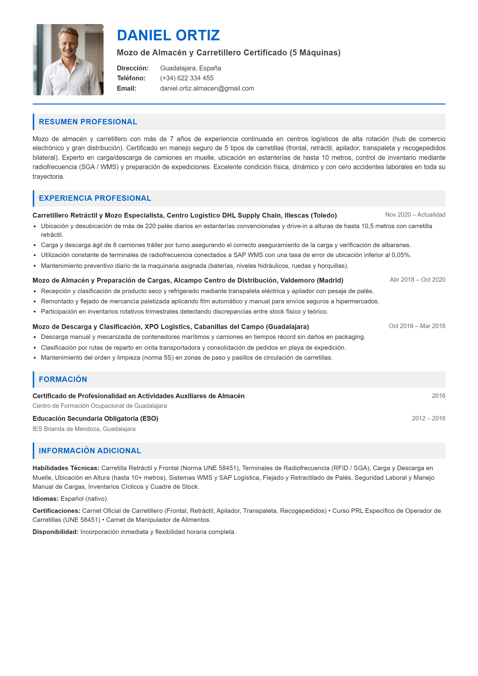 Ejemplo de CV Mozo de Almacén