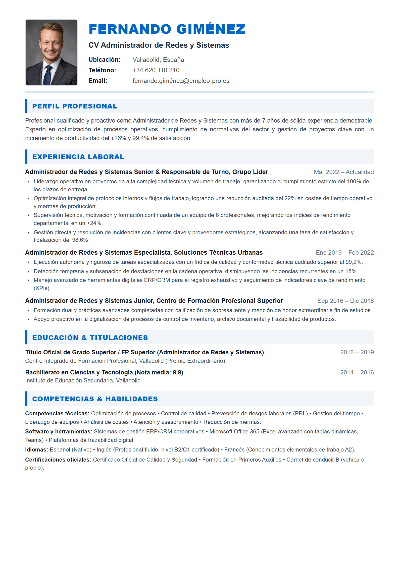 Administrador de Redes y Sistemas Resume Example