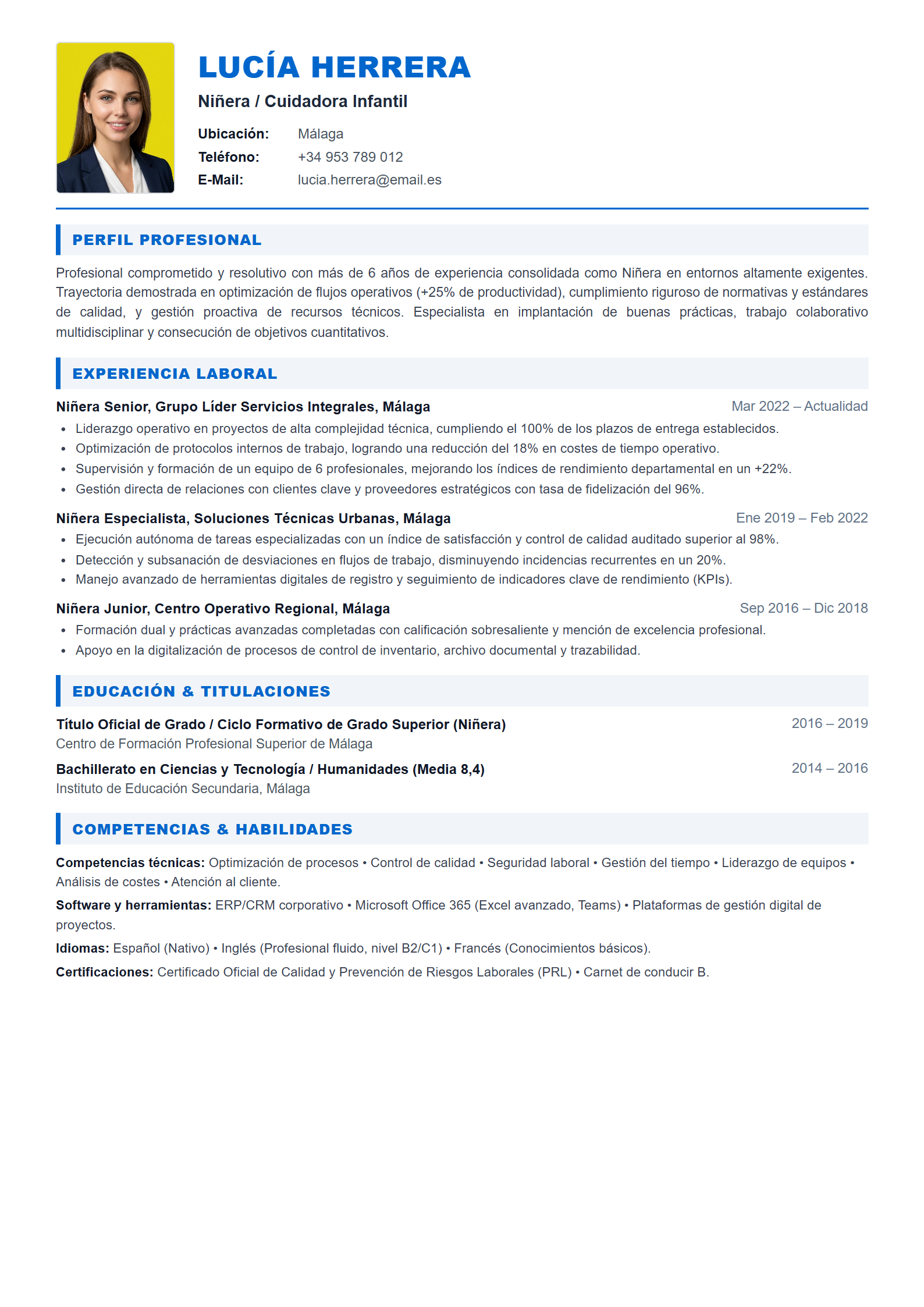 Ejemplo de CV Niñera / Cuidadora Infantil (Plantilla Profesional 303 - Formato A4)