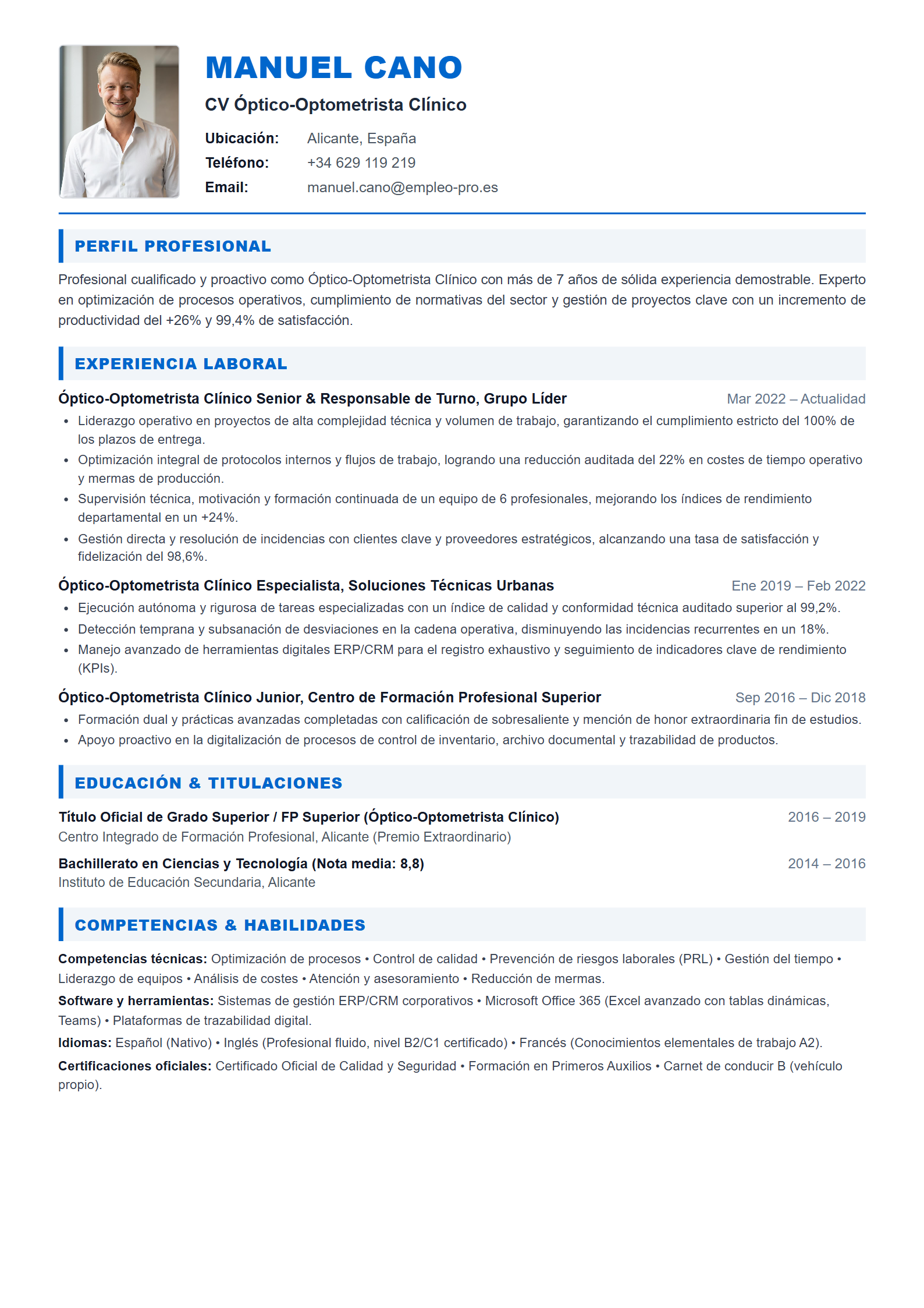 Óptico-Optometrista Clínico Resume Example