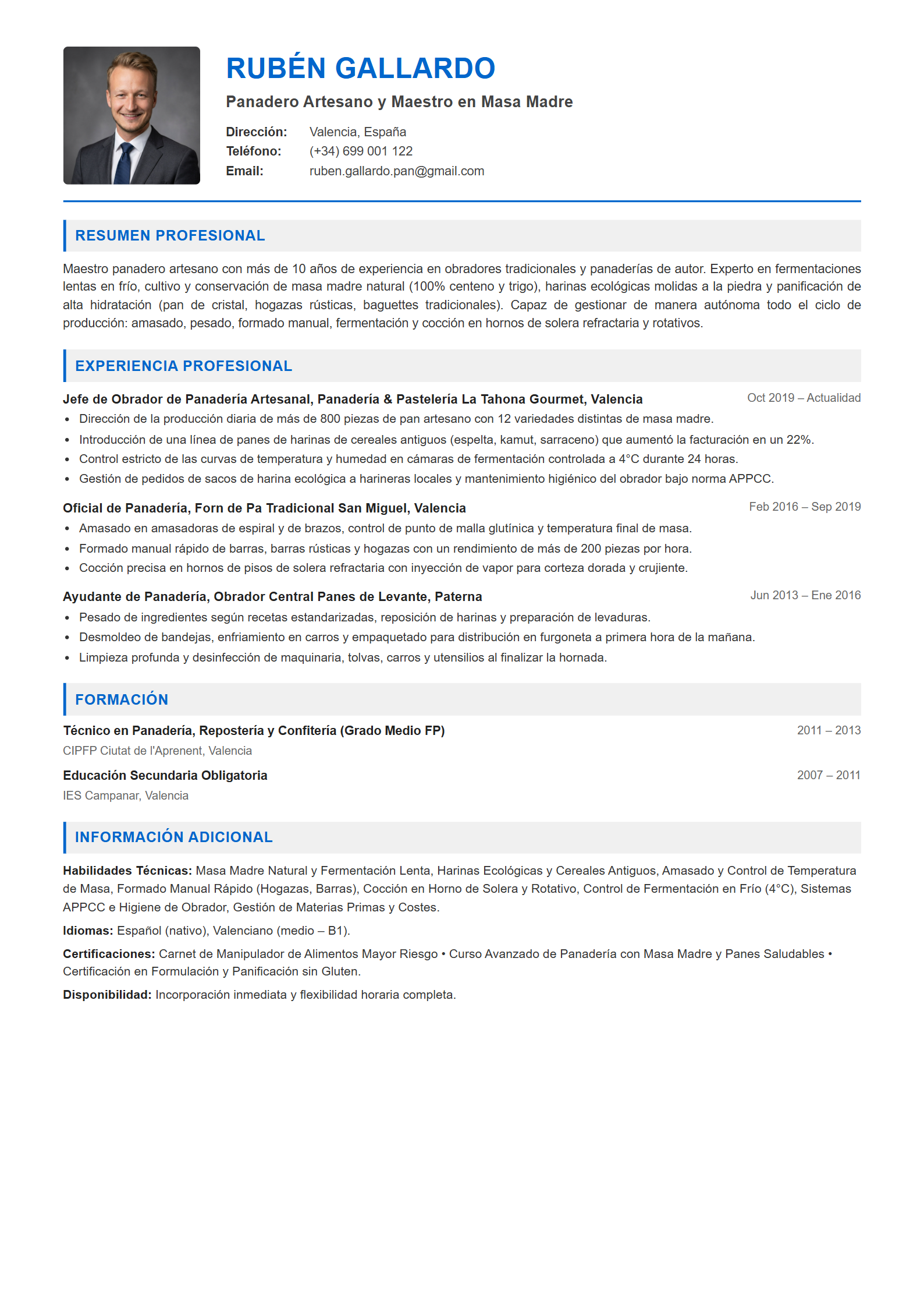 Ejemplo de CV Panadero / Panadera
