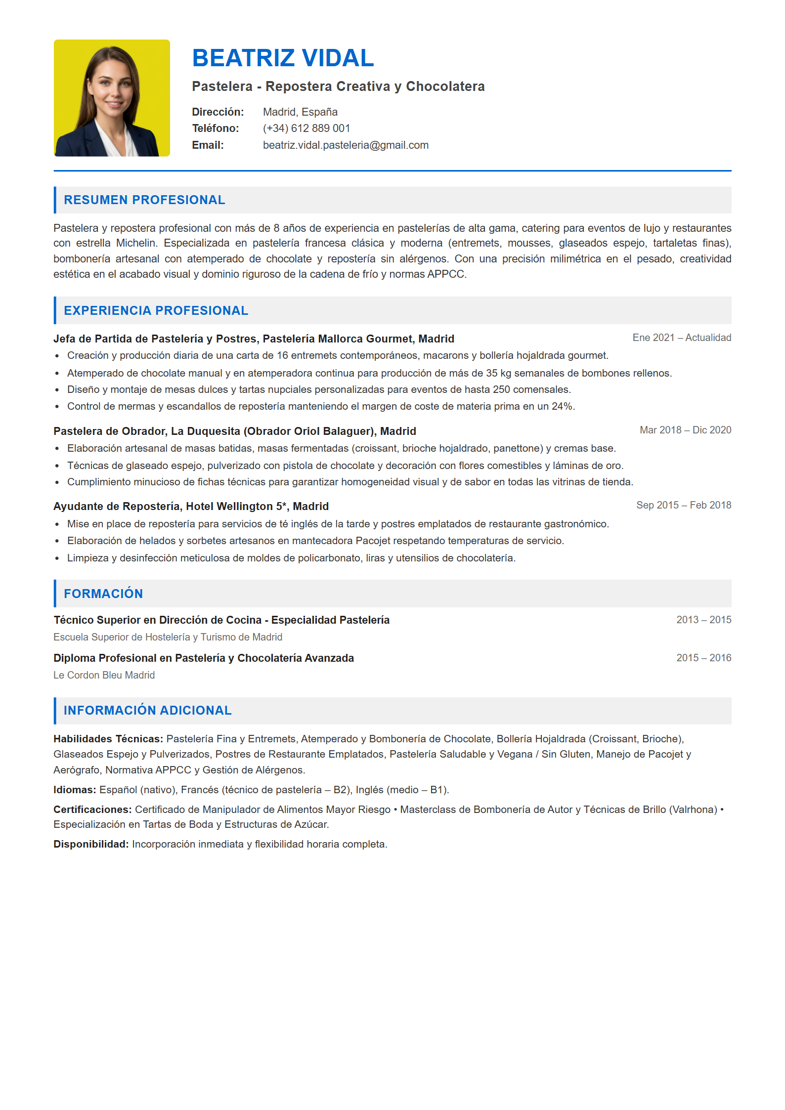Ejemplo de CV Pastelero / Repostero