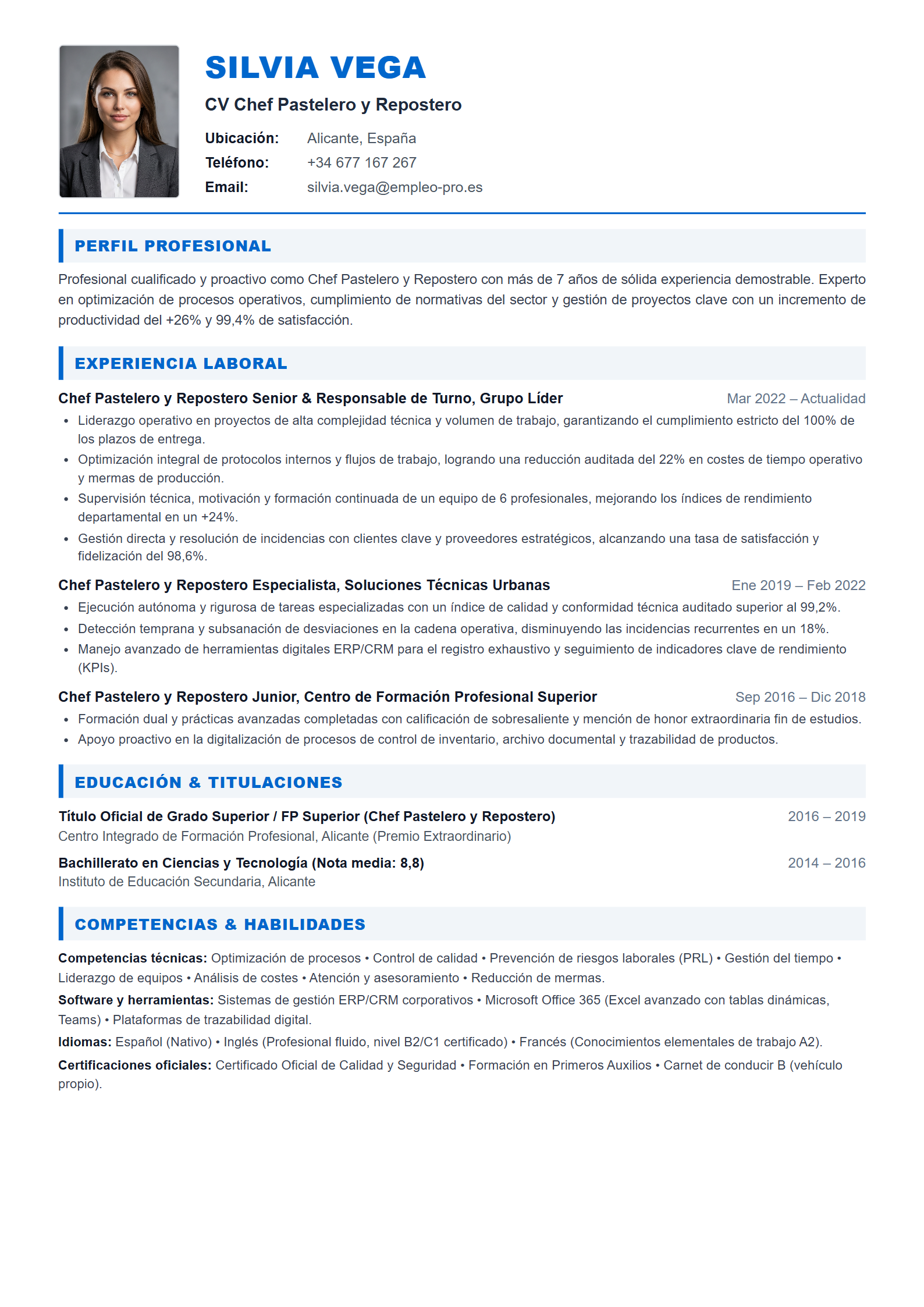 Chef Pastelero y Repostero Resume Example