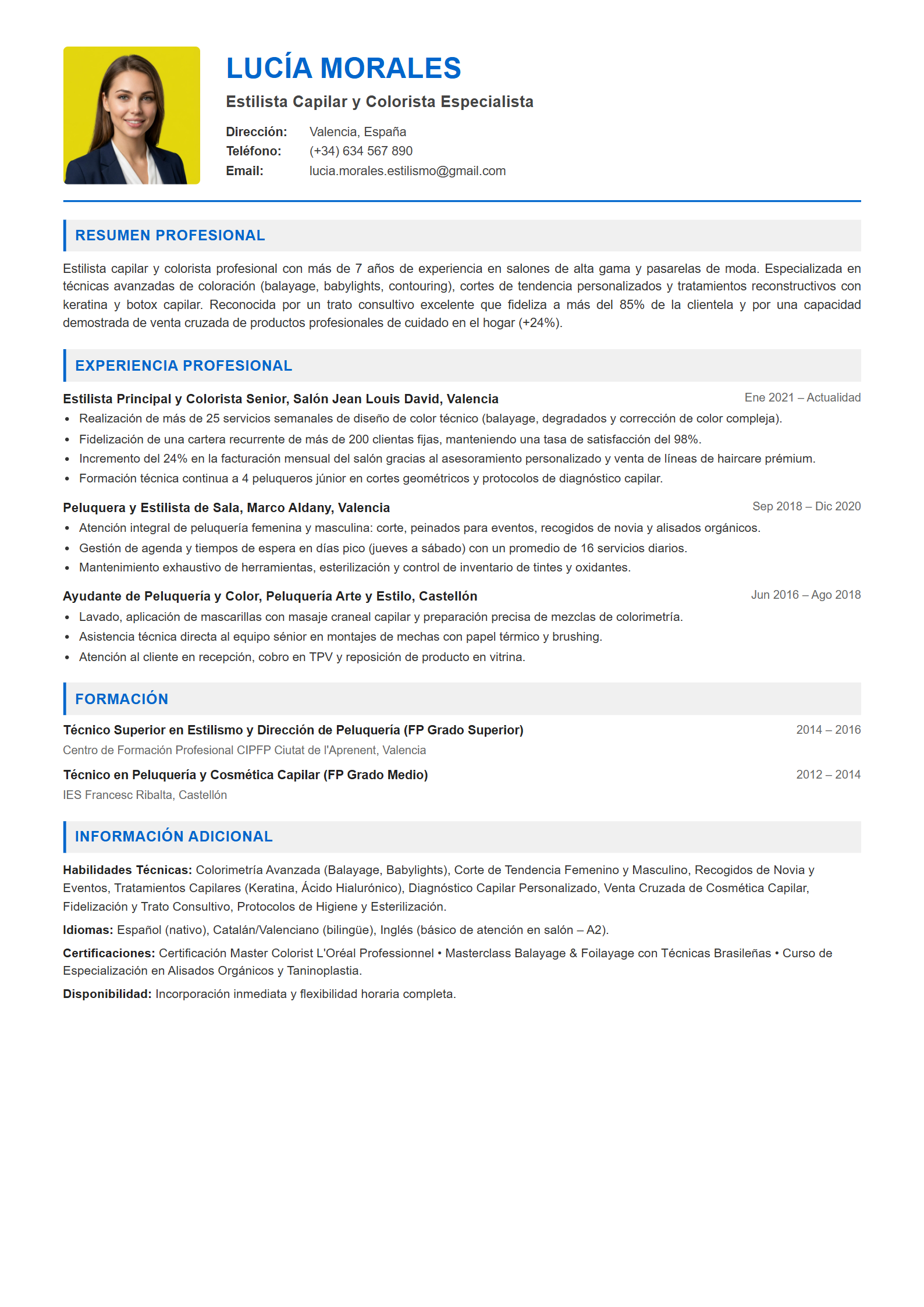 Ejemplo de CV Peluquero / Peluquera