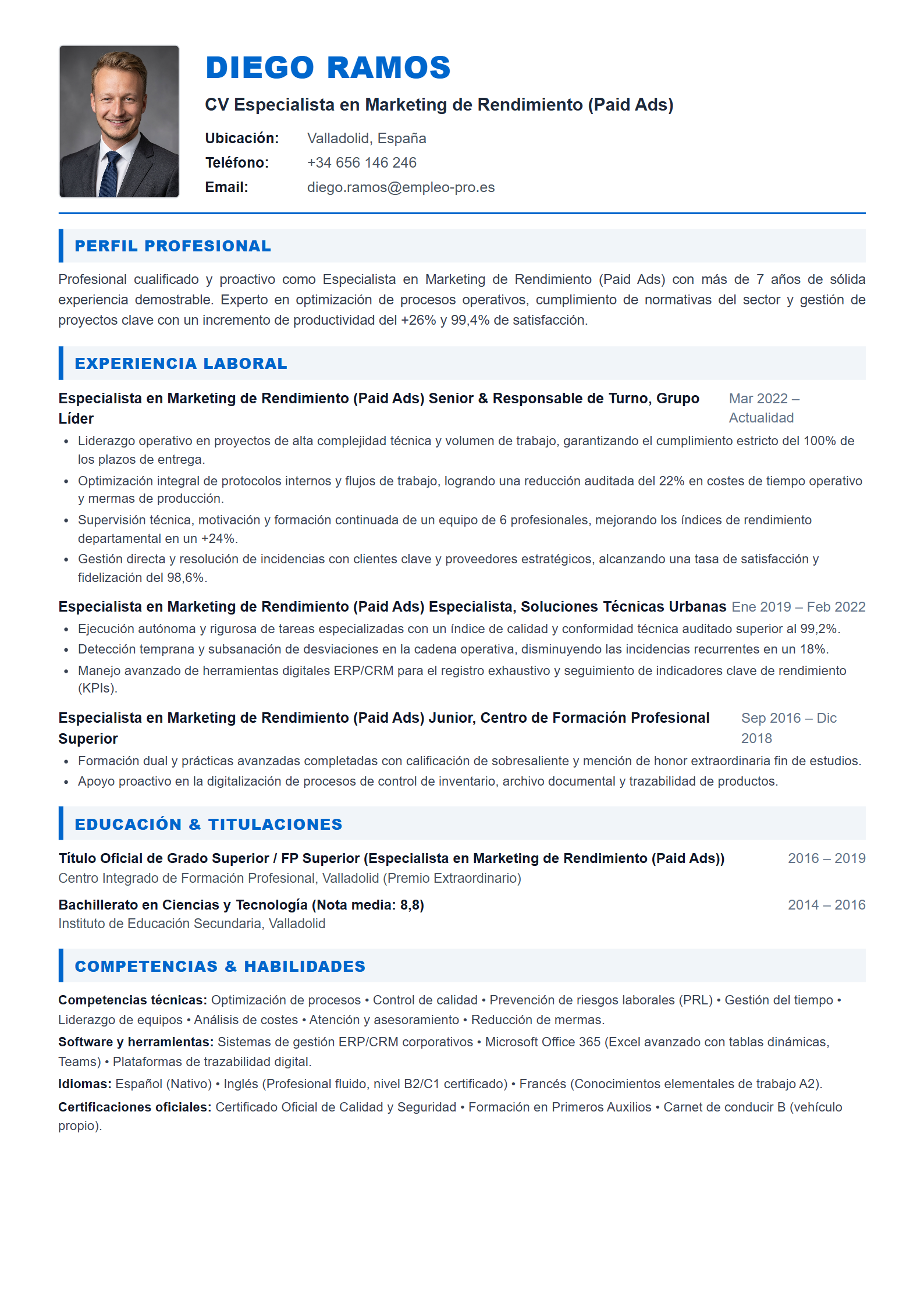 Especialista en Marketing de Rendimiento (Paid Ads) Resume Example