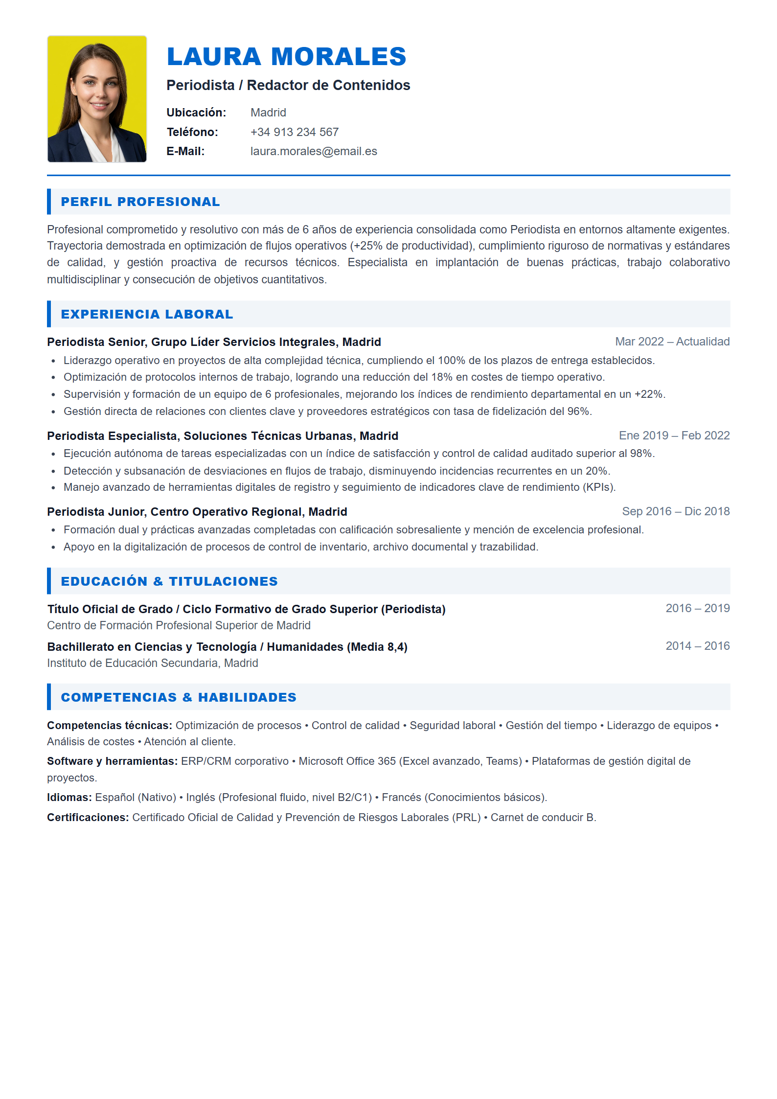 Ejemplo de CV Periodista / Redactor de Contenidos (Plantilla Profesional 303 - Formato A4)