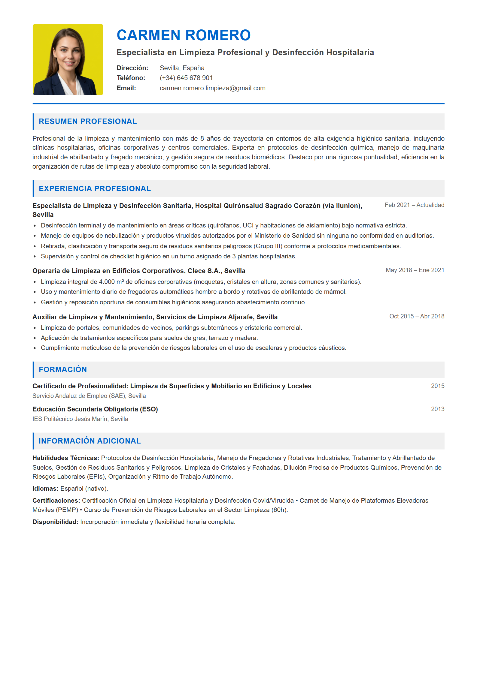 Ejemplo de CV Personal de Limpieza