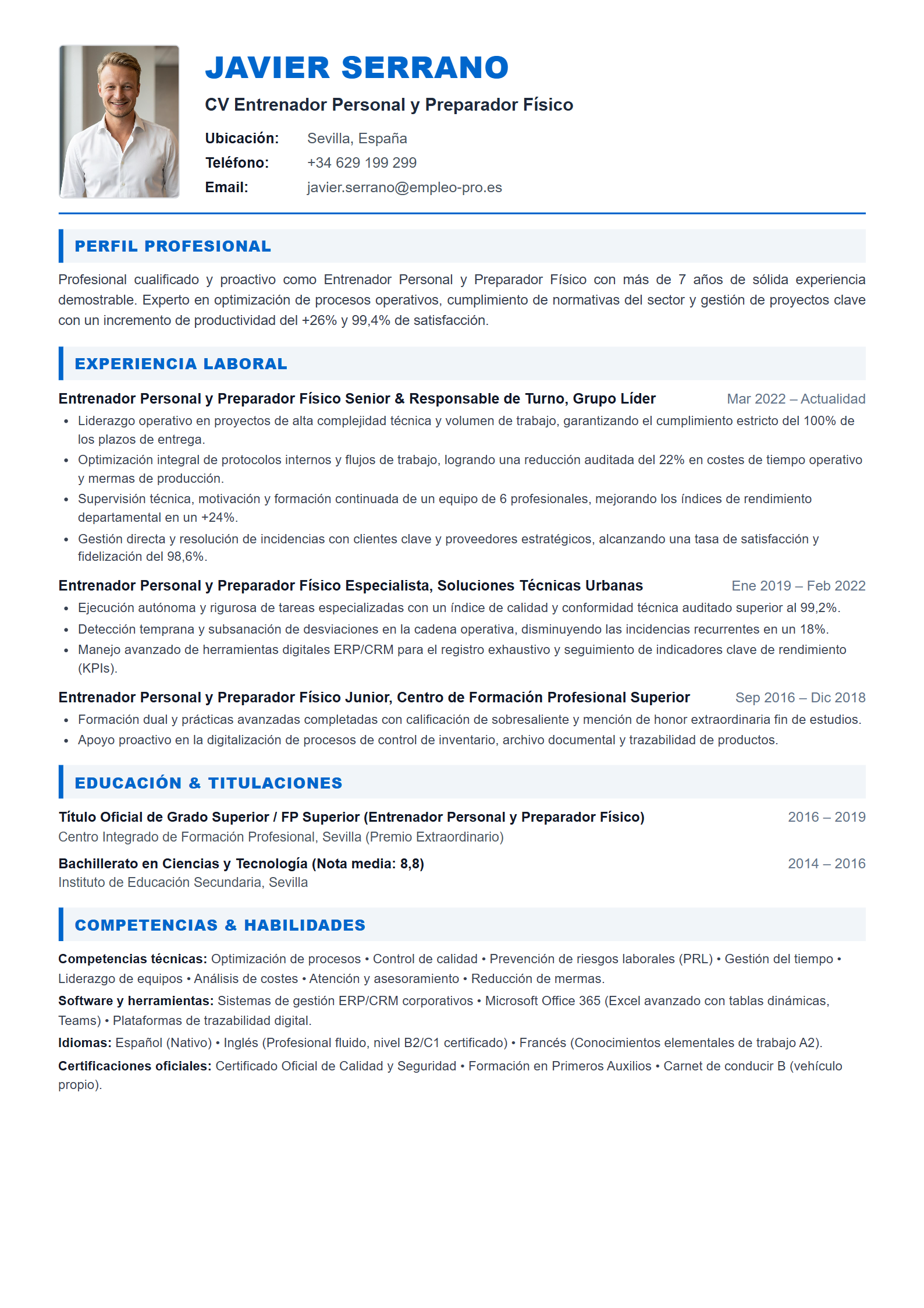 Entrenador Personal y Preparador Físico Resume Example